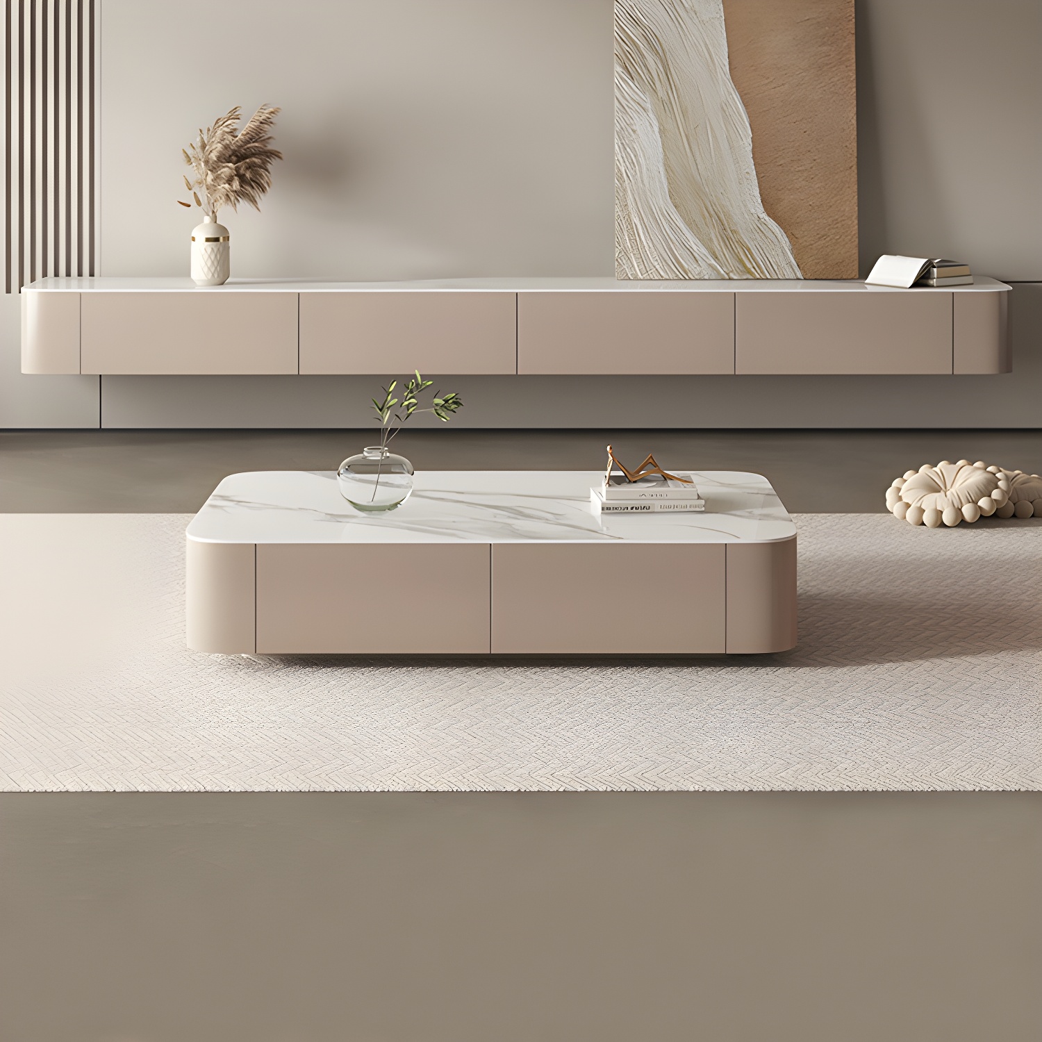 Brown Modern TV Stand with Floating Mount Design, Drawers, and Cable Management - image 4