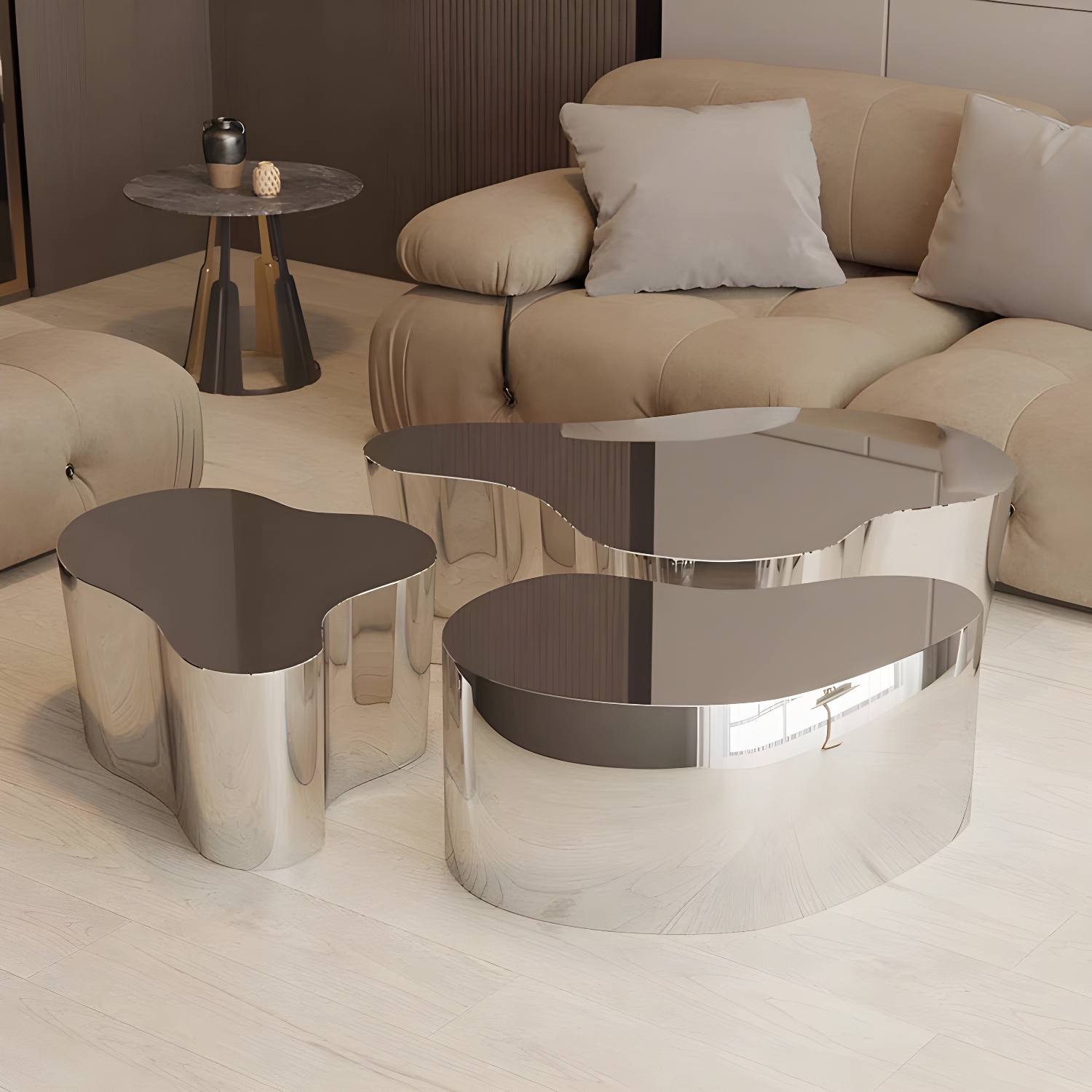 Silver Modern Coffee Table with Free Form Metal Top and Abstract Stainless Steel Base - image 13