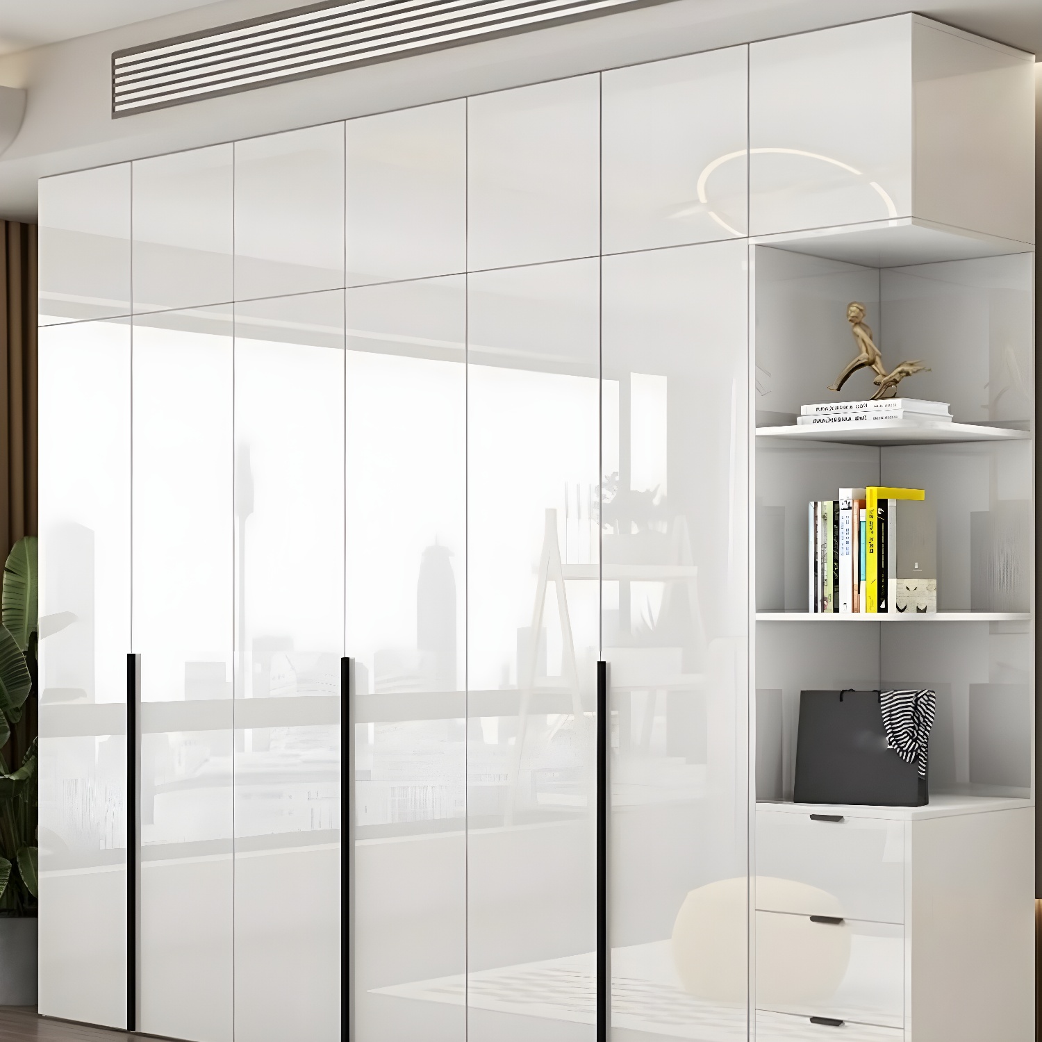 Modern white wood wardrobe armoire with hinged doors, clothing rod & shelves