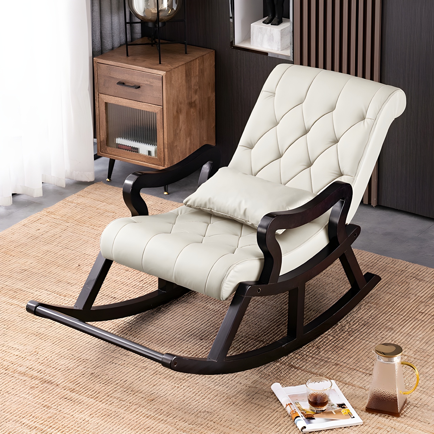 49" Wide Tufted Cushions Solid Wood Leather Rocking Accent Chair - image 6
