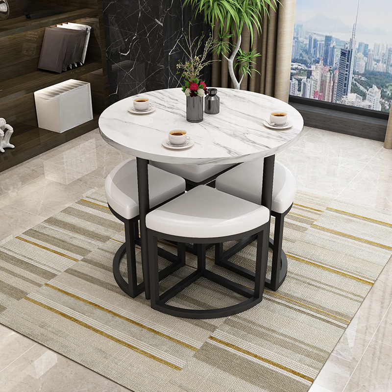 Reclaimed Wood Round Dining Table Set with Metal Toboggan Base and Upholstered Backless Chairs for 4 People - image 32