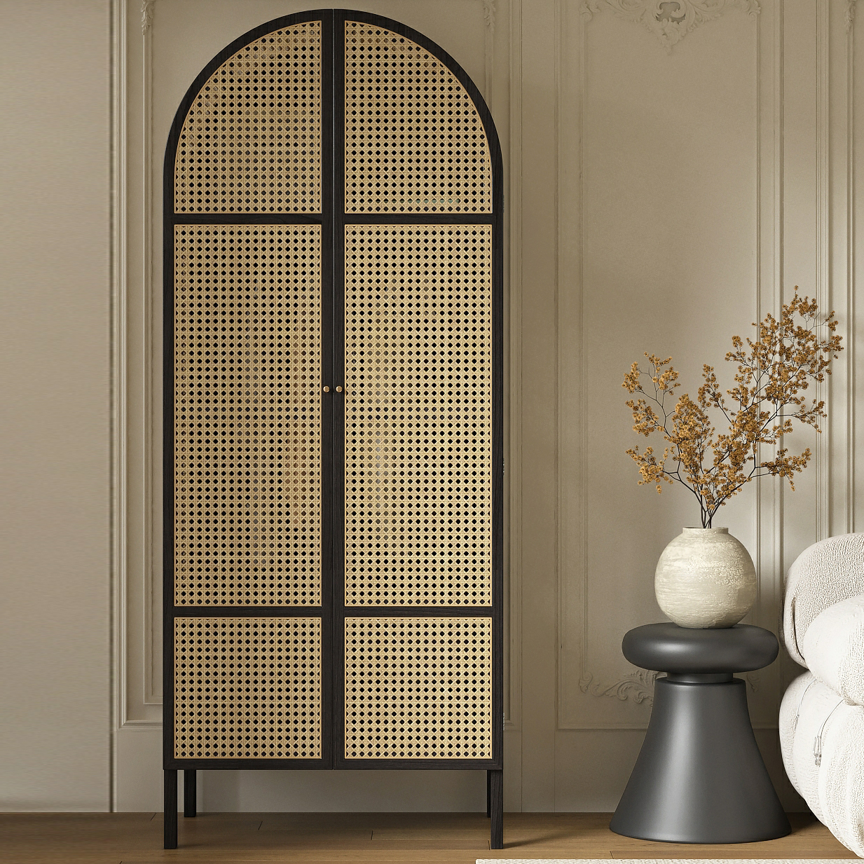 Scandinavian Rattan Wood Wardrobe with 4 Feet and Shelves for Bedroom