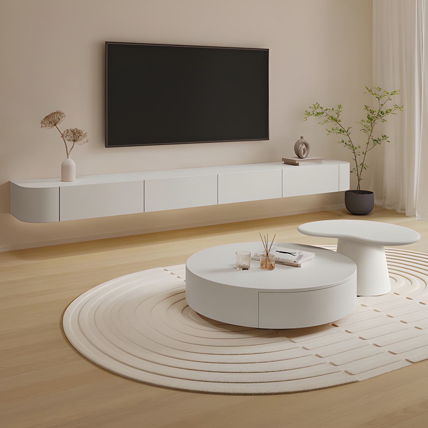 White Wall-mounted Media Stand with Drawers Contemporary TV Console, Faux Wood - image 3