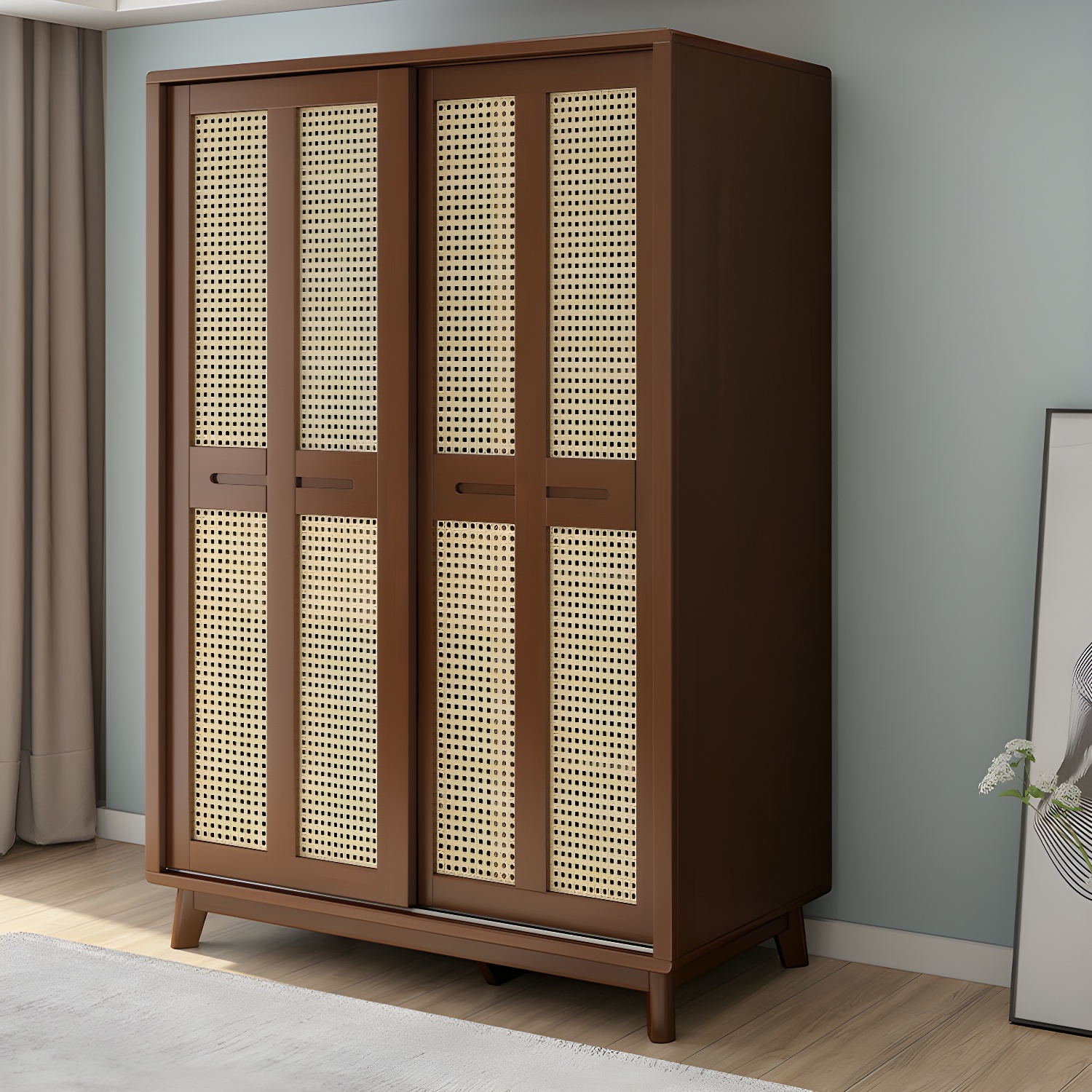 Scandinavian Wood Rattan Cabinet Doors Wardrobe with Clothing Rod and Four Feet - image 4