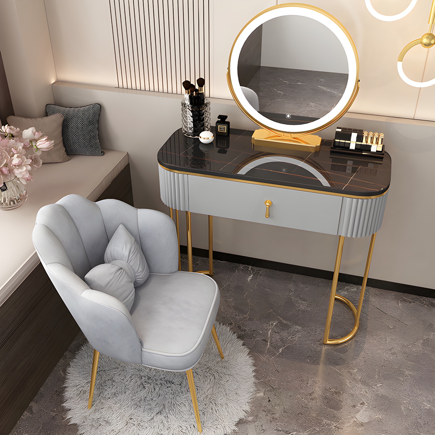 Removable Makeup Counter Lighted Mirror Vanity Dressing Table with Drawer