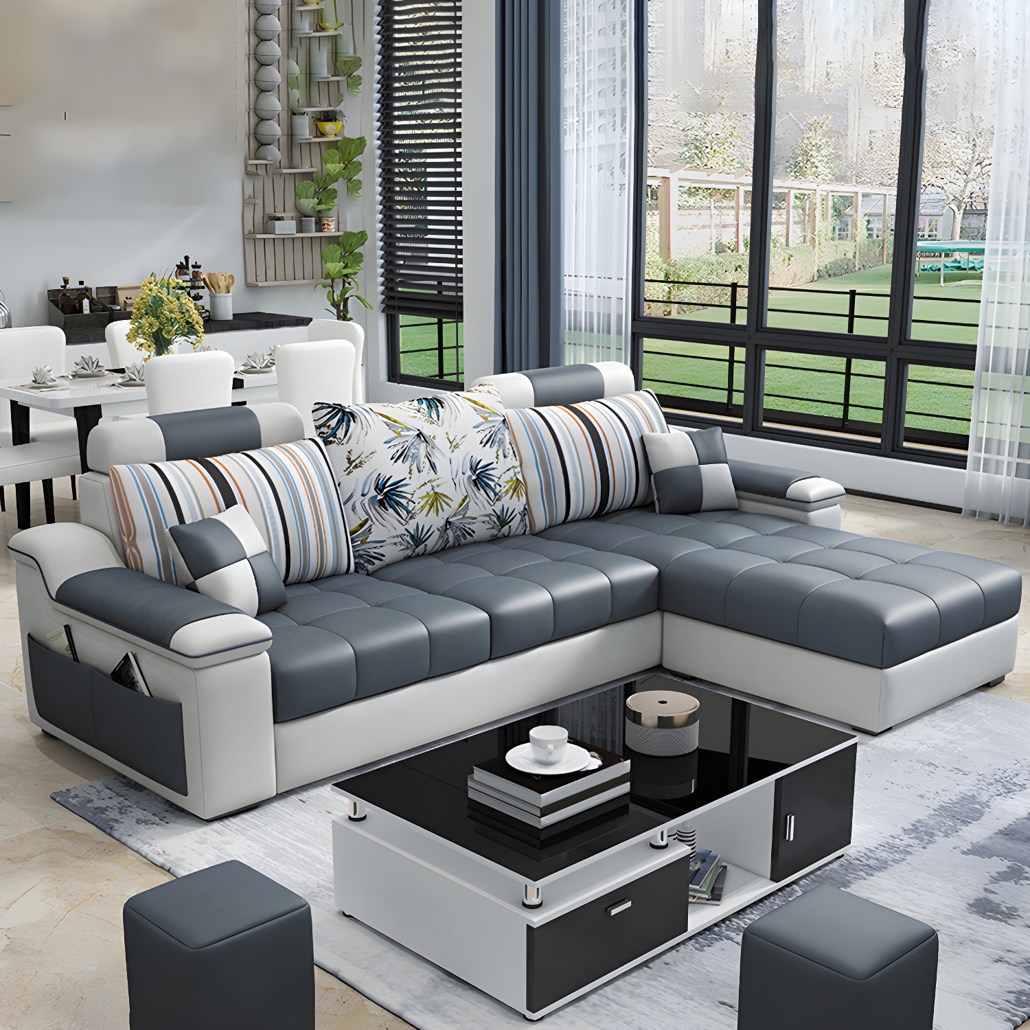 3-Seater Cotton Blend and Faux Leather L-Shape Sectionals Sofas - image 6