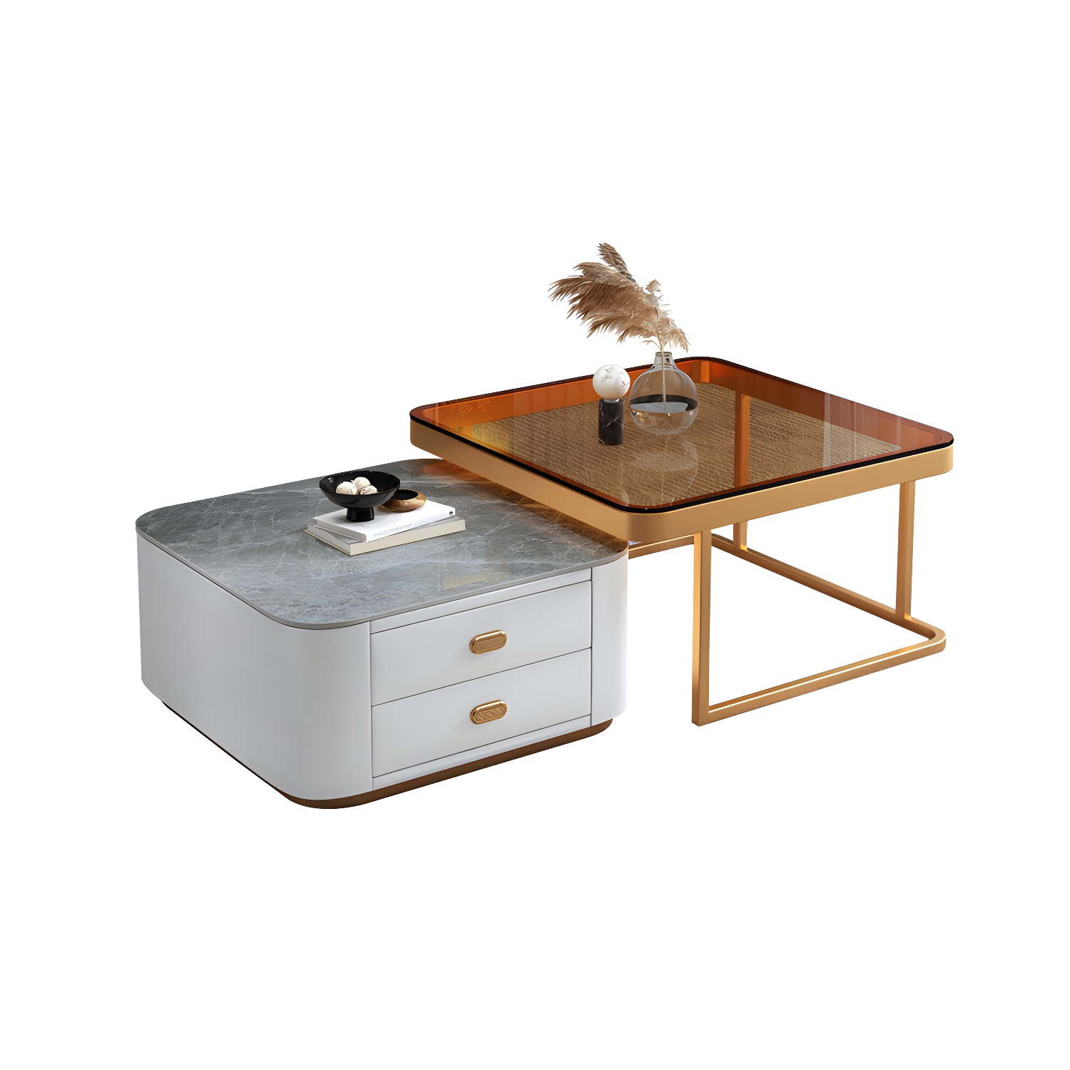 Square Coffee Table Glass Top 2 Nesting Coffee Table Set with Storage