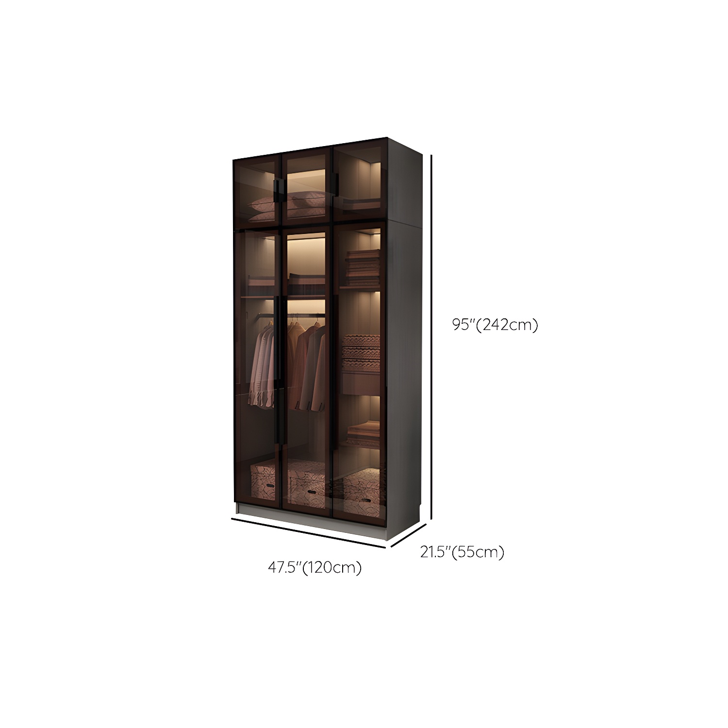 Modern Glass Hinged Doors Wardrobe Armoire Wood Frame Wardrobe with Shelves without Light - image 25