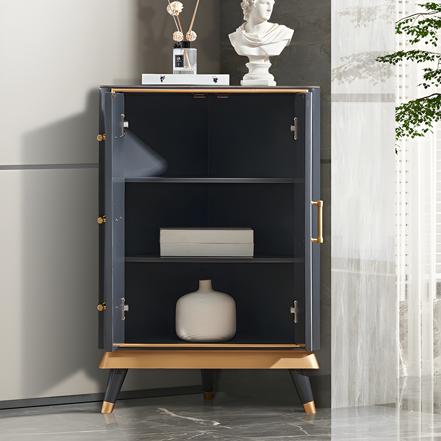 Glam Corner Accent Cabinet with Black Stone Countertop and Wood Base for Small Spaces - image 5
