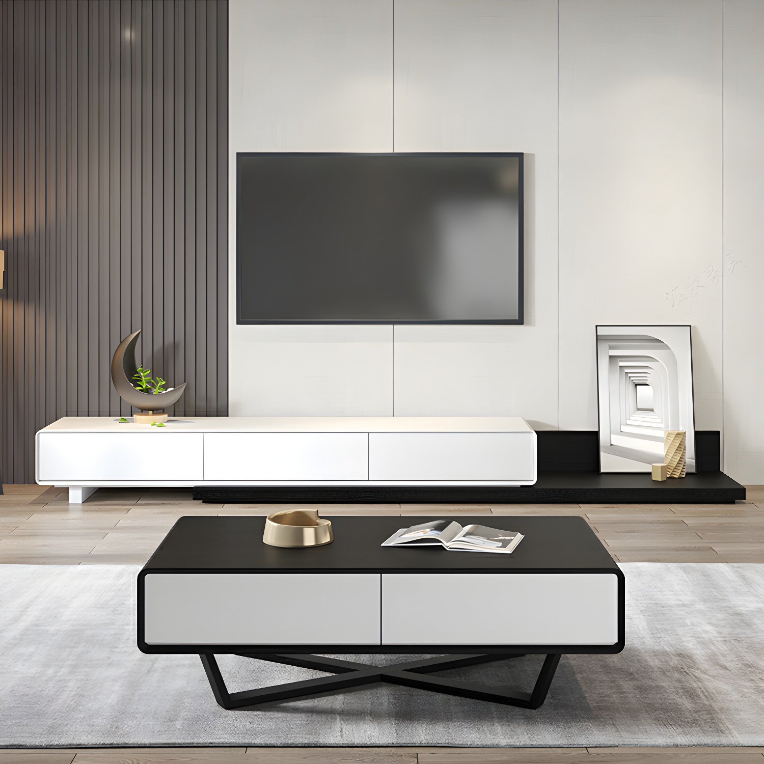 Rectangular Wood Modern Coffee Table with Black Metal Cross Legs and Storage Drawers - image 11
