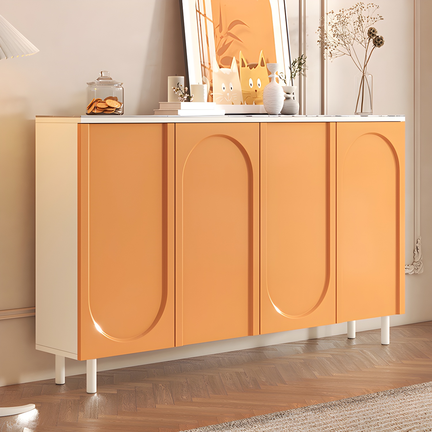 Scandinavian Wood Buffet Sideboard Cabinet with Stone Countertop Shelves Included - image 6