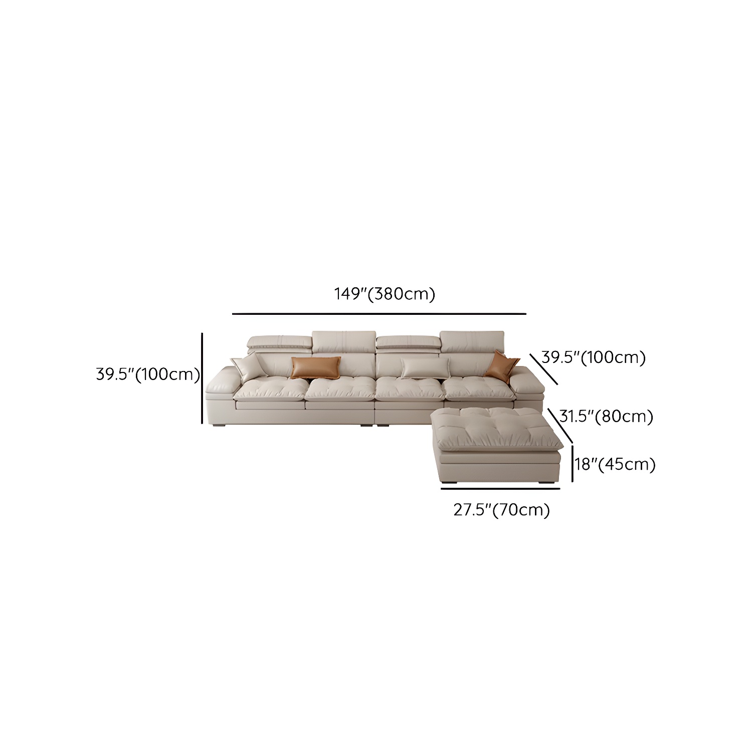 Modern Beige Faux Leather Stationary Sectional Sofa with Adjustable Headrest and Wood Frame - image 14
