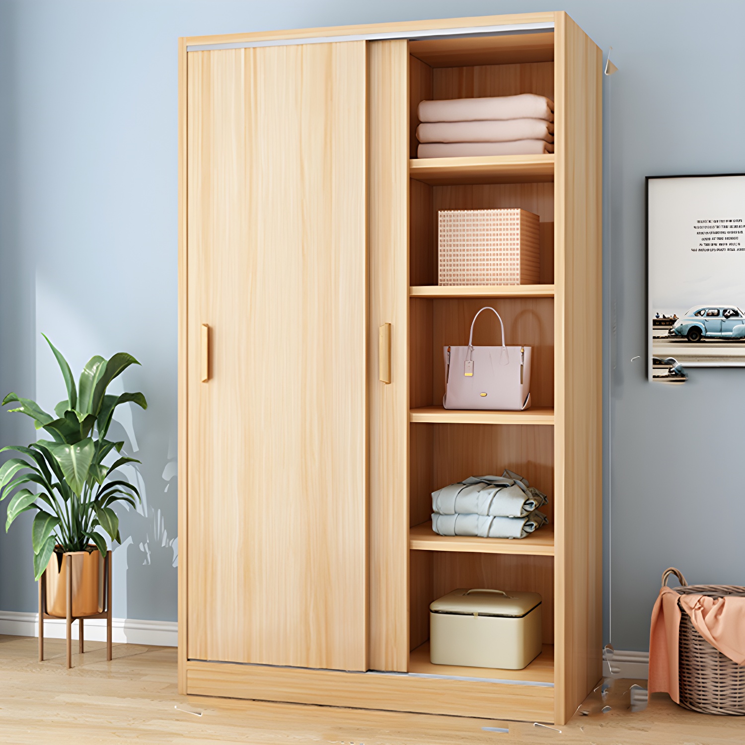 Modern Sliding Doors Wardrobe Wood Frame Freestanding Wardrobe Armoire - image 3