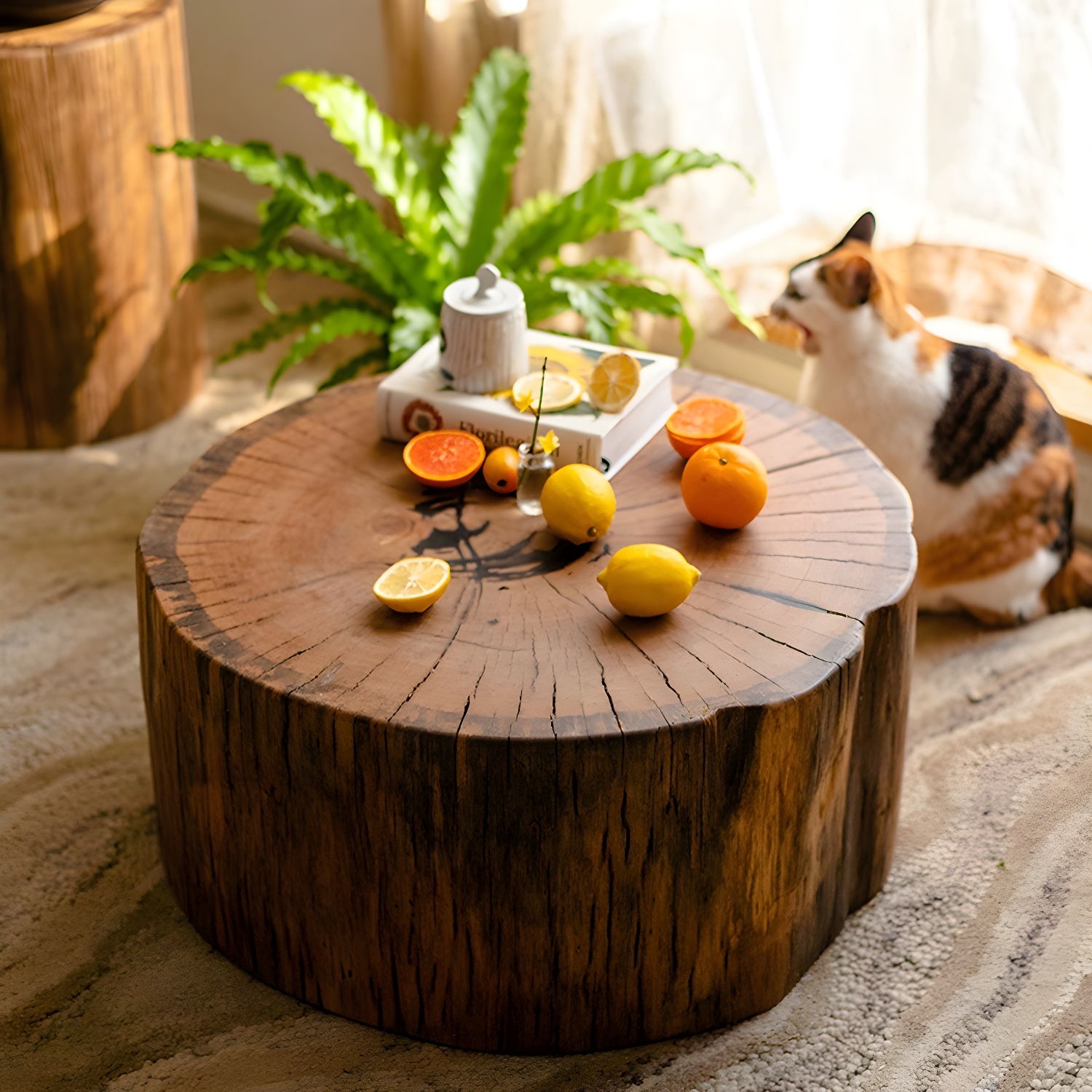 Round Wood Mid-Century Modern Coffee Table with Drum Base and Distressed Finish - image 3