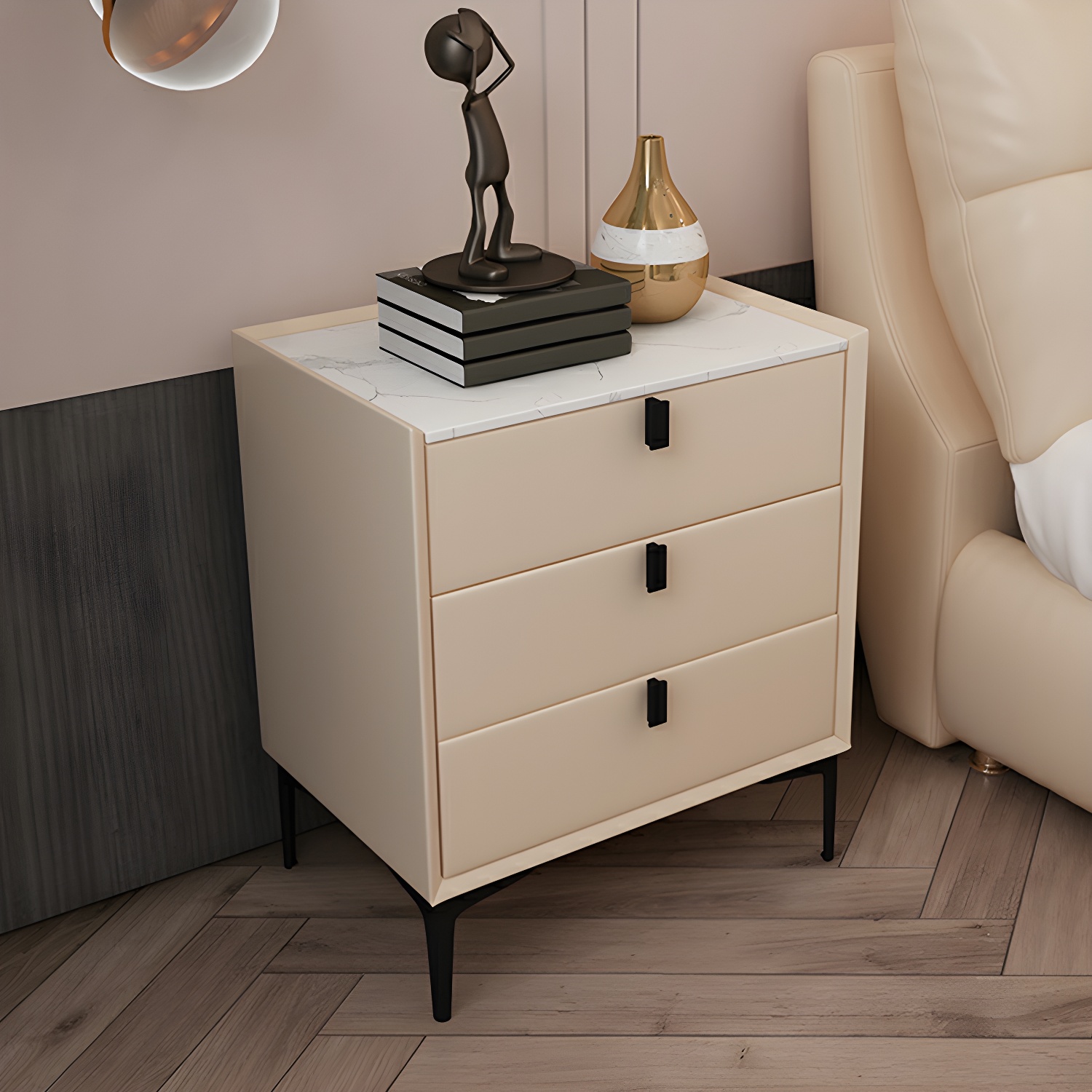 Glam Style Sintered Stone Top 3 Drawers Nightstand for Bedroom