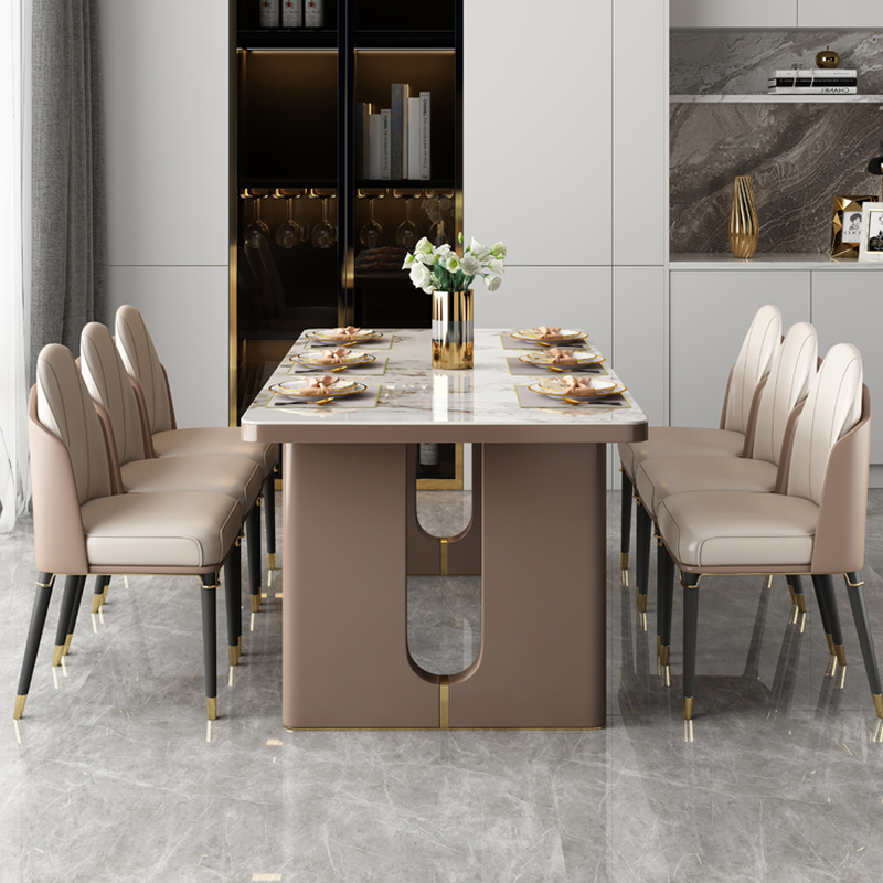 Rectangular Slate Dining Table Set with Two-sided Pedestal, Padded Chair, Back, and Multicolor Top