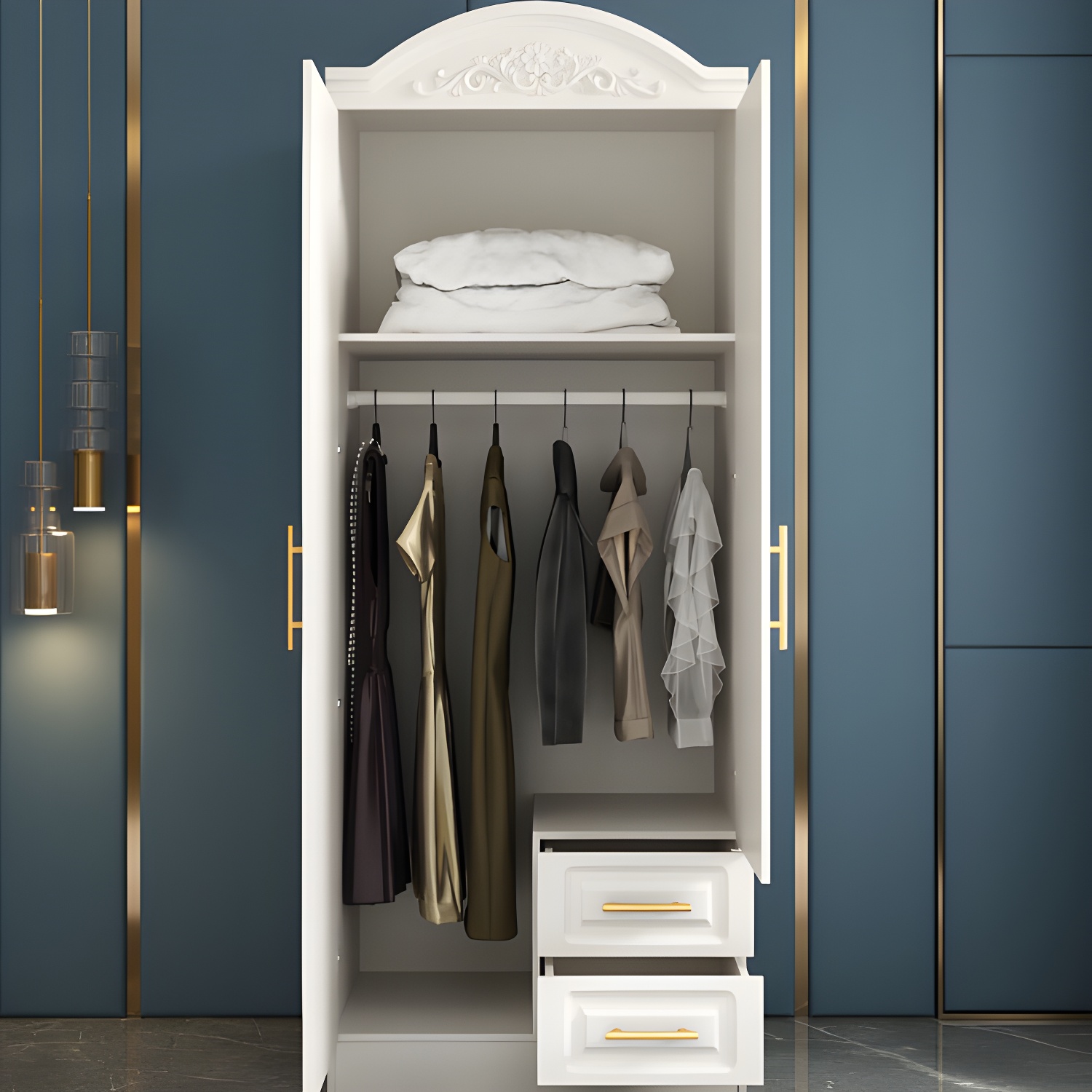 French Country Wardrobe White Colour Wooden Wardrobe Closet With 2 Drawers - image 11