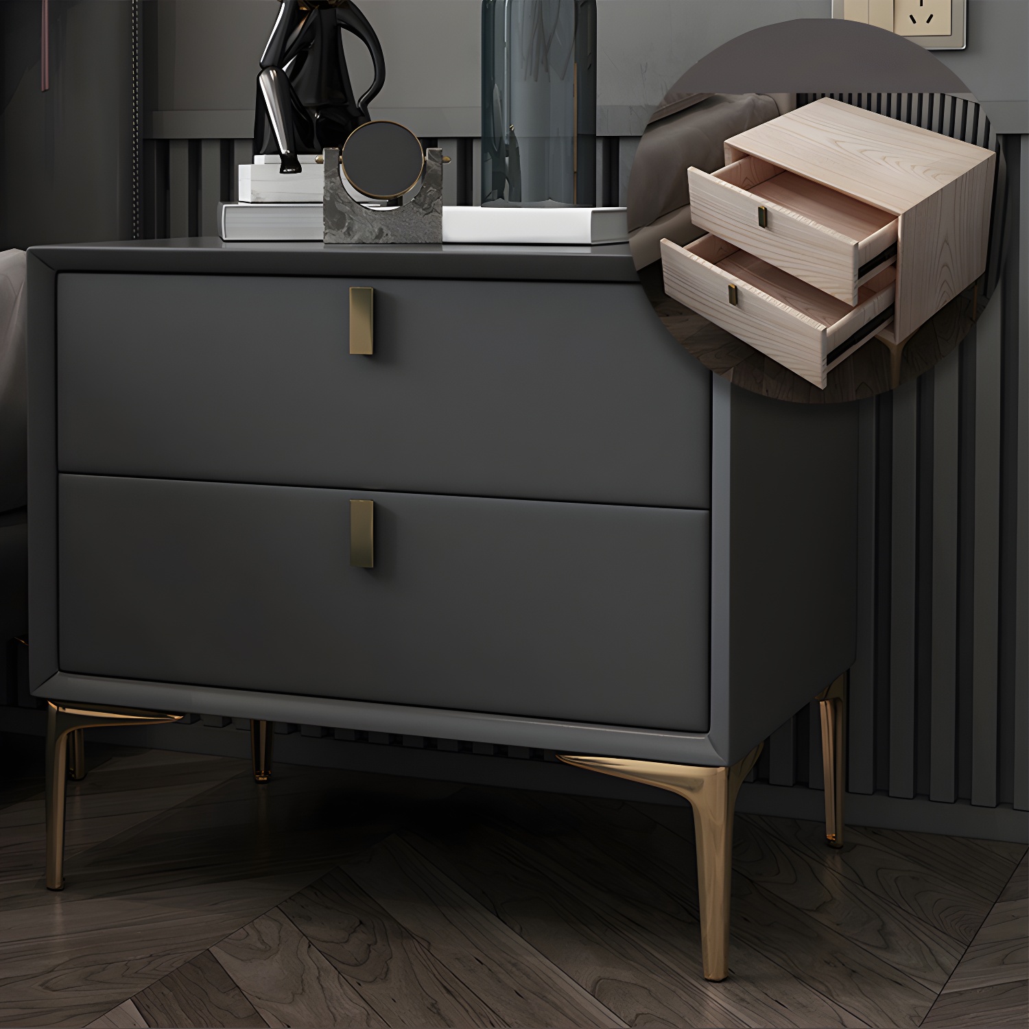 2 Drawer Solid Wood Modern Night Table Drawer Storage Bed Nightstand - image 5