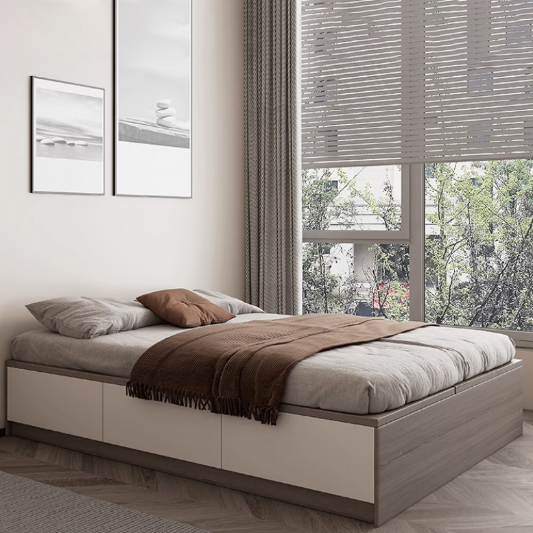 Brown Wood Lift Up Storage Bed with 3 Drawers and Solid Color Design