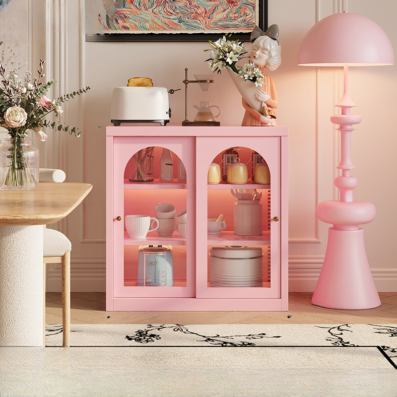 Simple Narrow Iron Countertop Sideboard with Cupboard, Glass Doors, and Changeable Shelf - image 4