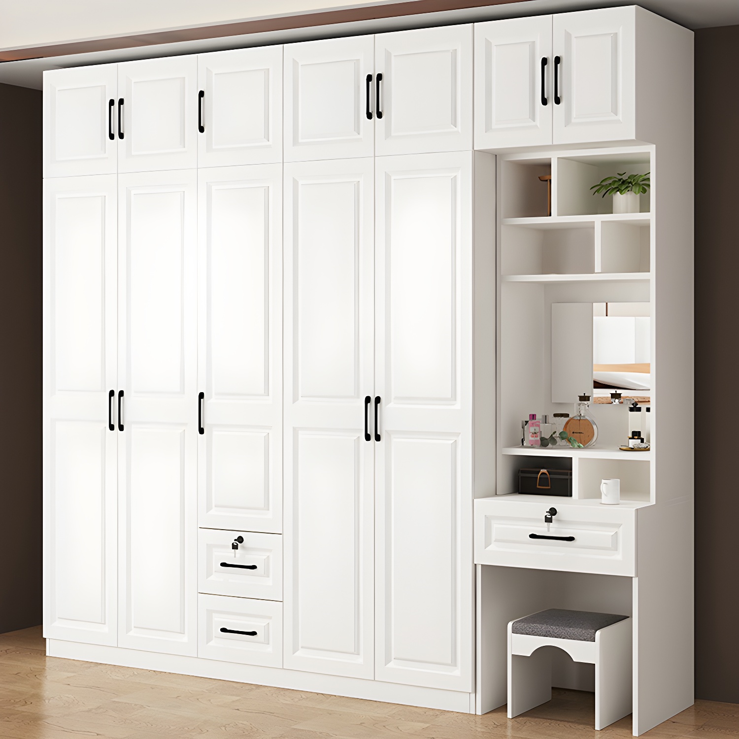 Wood White Modern Wardrobe Armoire with Drawers, Shelves, and Clothing Rod - image 4