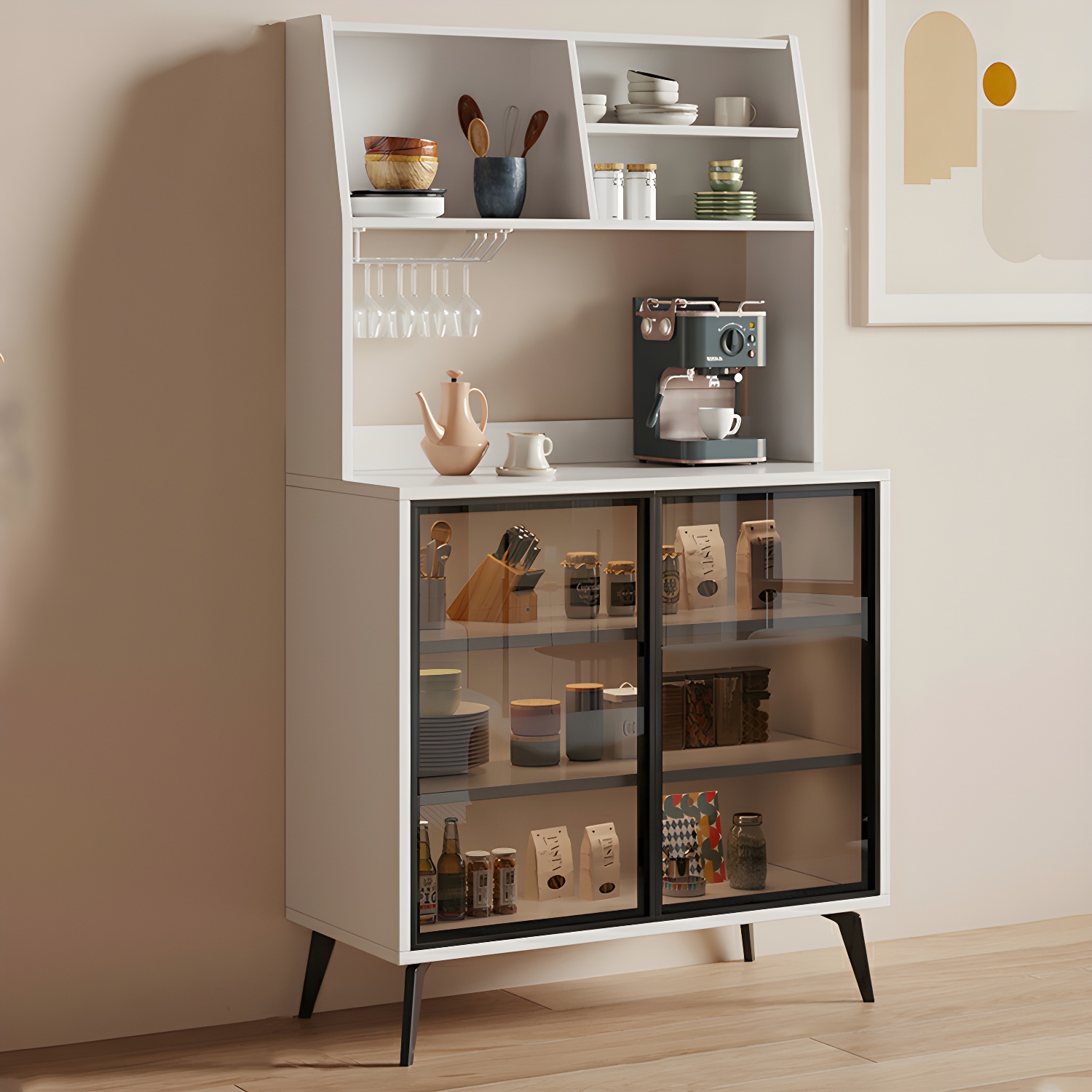 Glass Door Modern Wooden Kitchen Sideboard with Adjustable Shelving - image 2