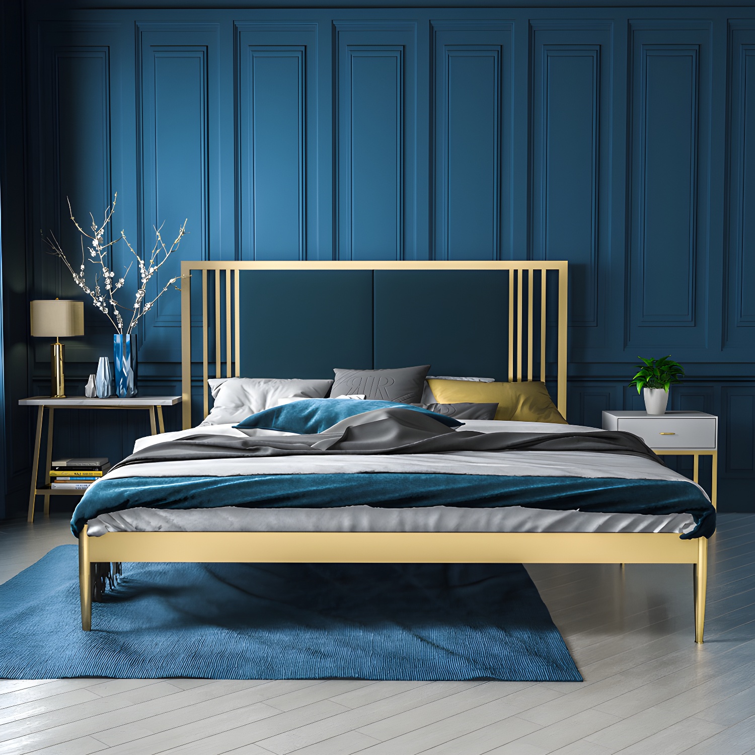 Metal Open-Frame Bed Contemporary Standard Bed with Custom Gold Legs