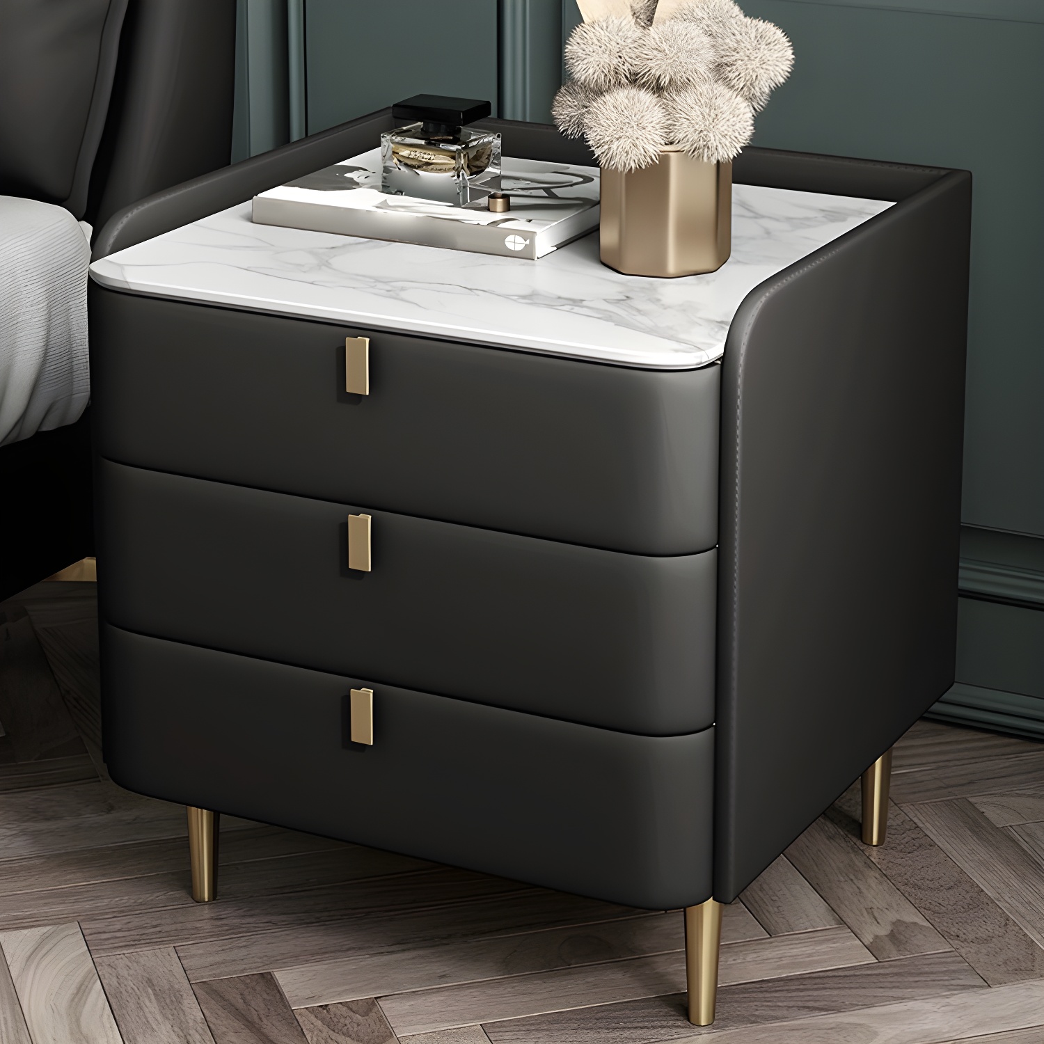 Stone Top Nightstand 3-drawer Leather Night Table with 4 Legs - image 2