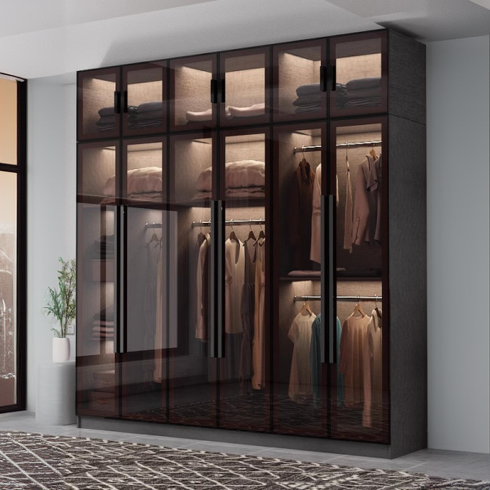 Charcoal Modish Timber Self-supporting Cabinet Armoire with Soft Close Drawer and Door, Hanging Rod