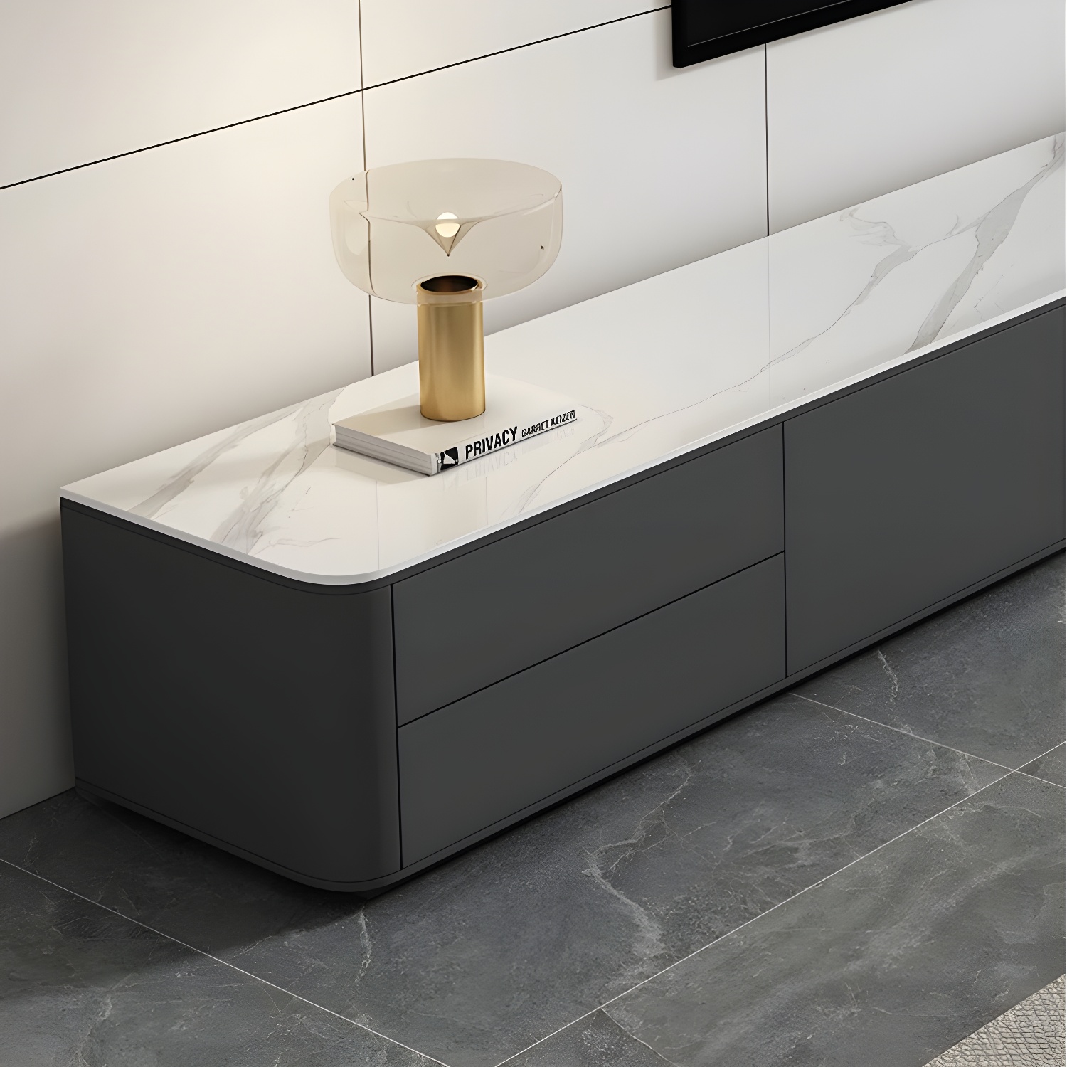 Grey Stone TV Stand with Drawers and Cabinet and No Cable Management for Modern-Style Long TVs - image 7