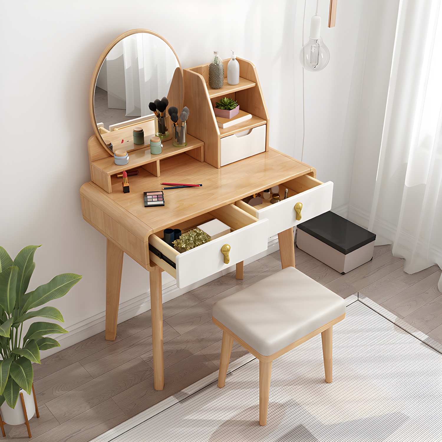 Scandinavian 3-Drawer Dressing Table Solid Wood Vanity Makeup Table Set - image 14