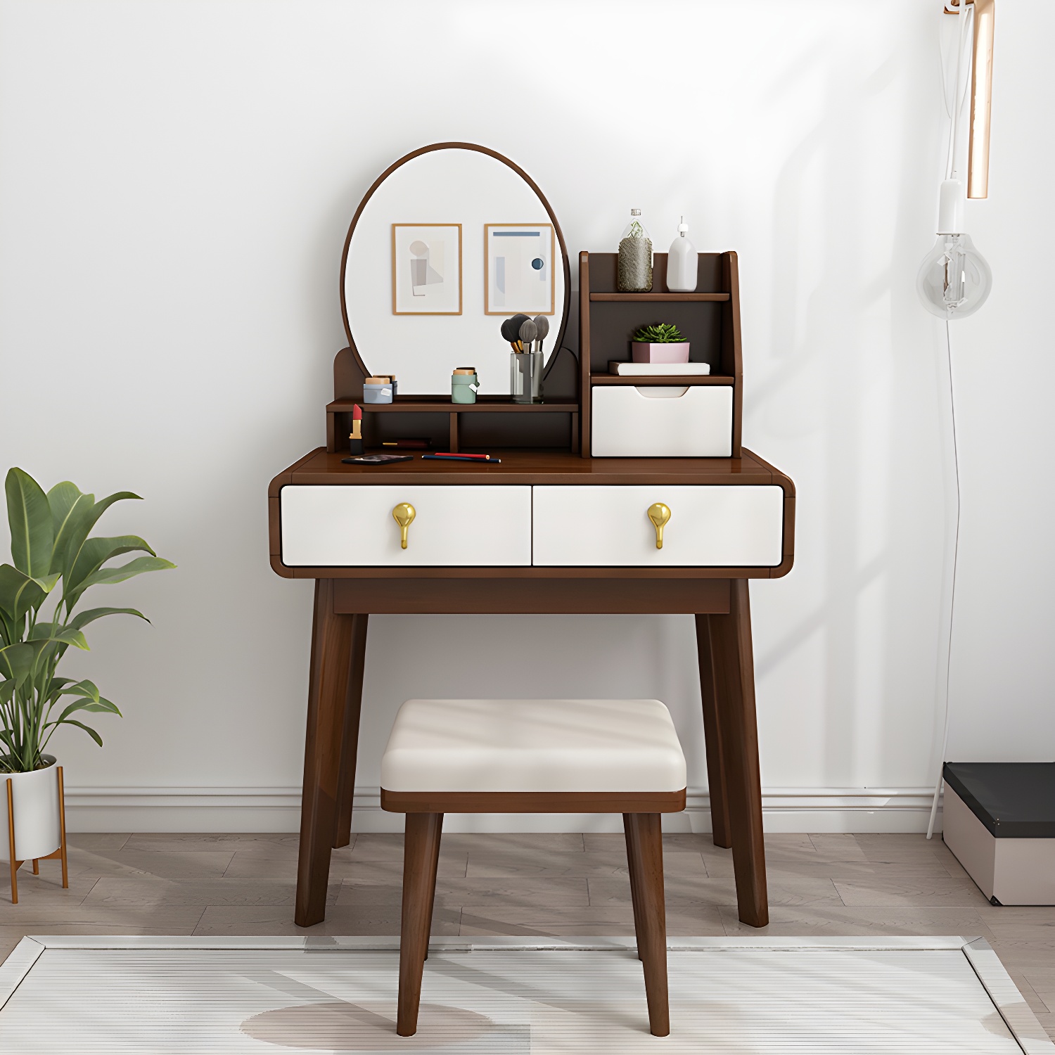 Scandinavian 3-Drawer Dressing Table Solid Wood Vanity Makeup Table Set - image 5