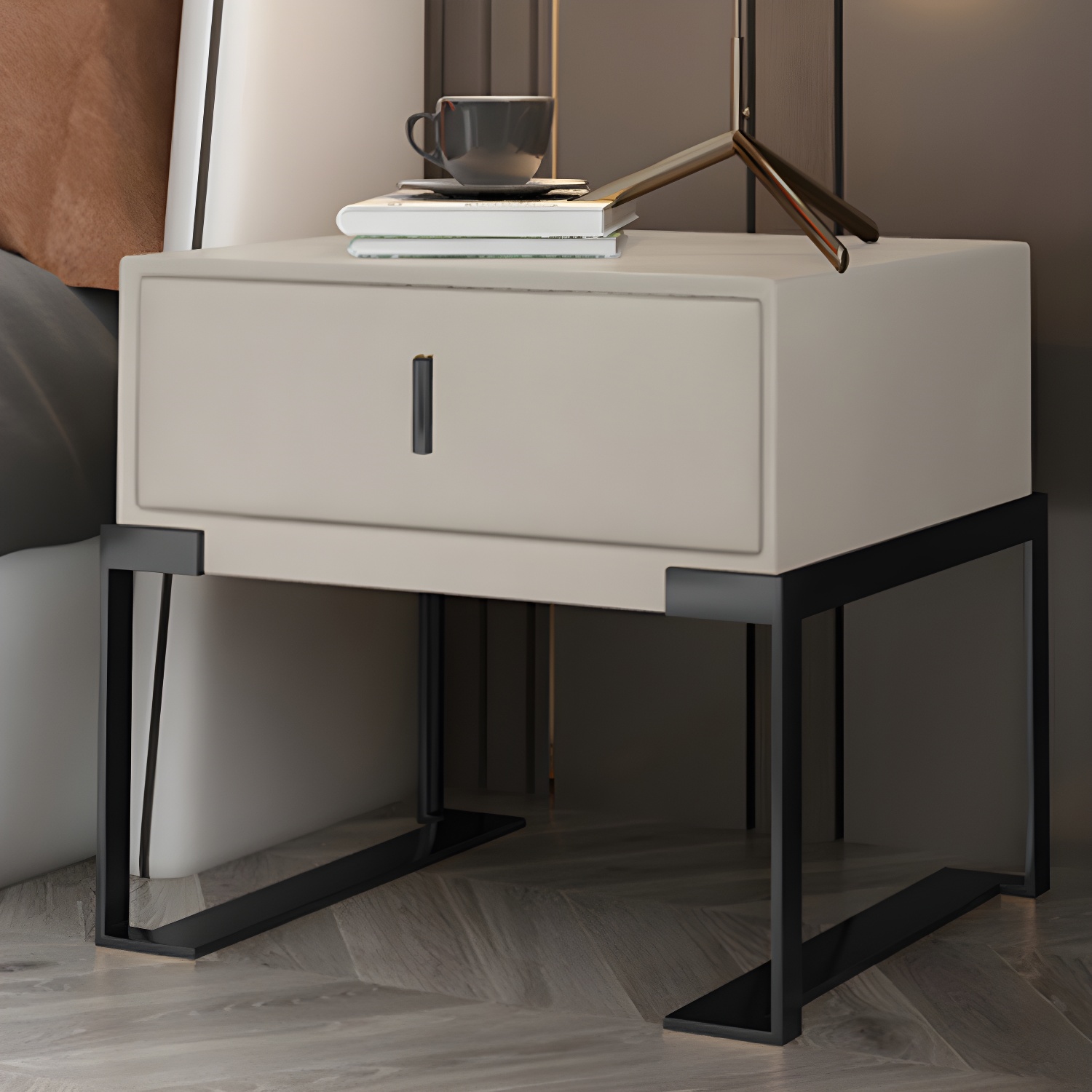 Leather 1 Drawer Nightstand Contemporary Night Table with Metal Legs - image 8