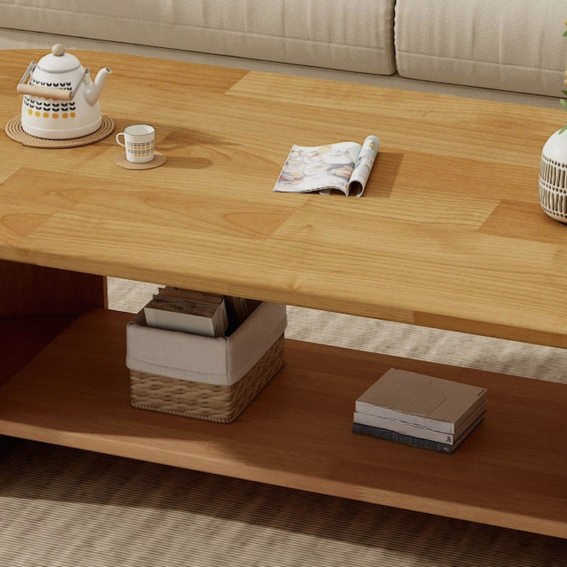 Oval Natural Wood Coffee Table with Twin Support Base, Repository, and 1 Shelf - image 13