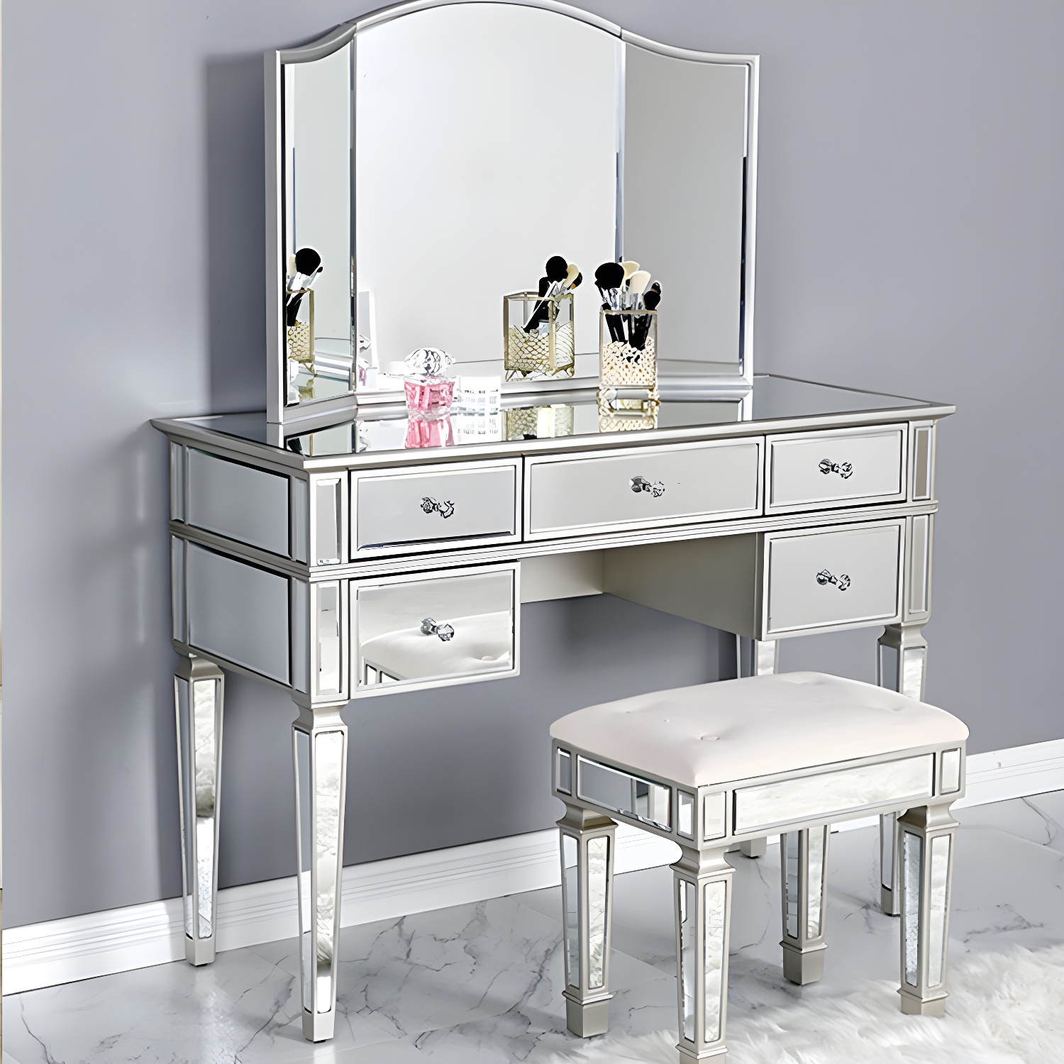 Solid Wood Vanity Dressing Table Set Contemporary Makeup Counter with Drawers - image 9