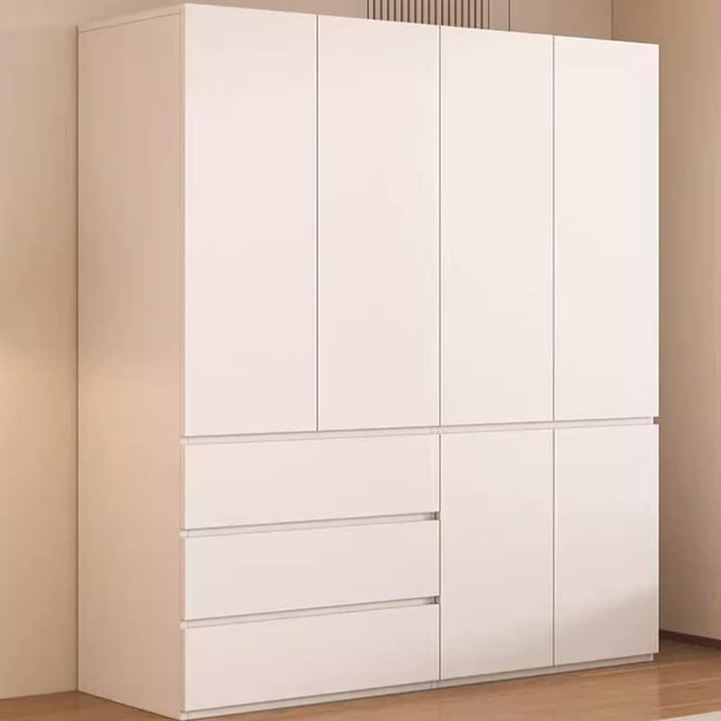 White Minimalist Manufactured Wood Wardrobe Closet with Soft Close Drawer, Soft Close Door, Interior Shelves, and Clothing Rod