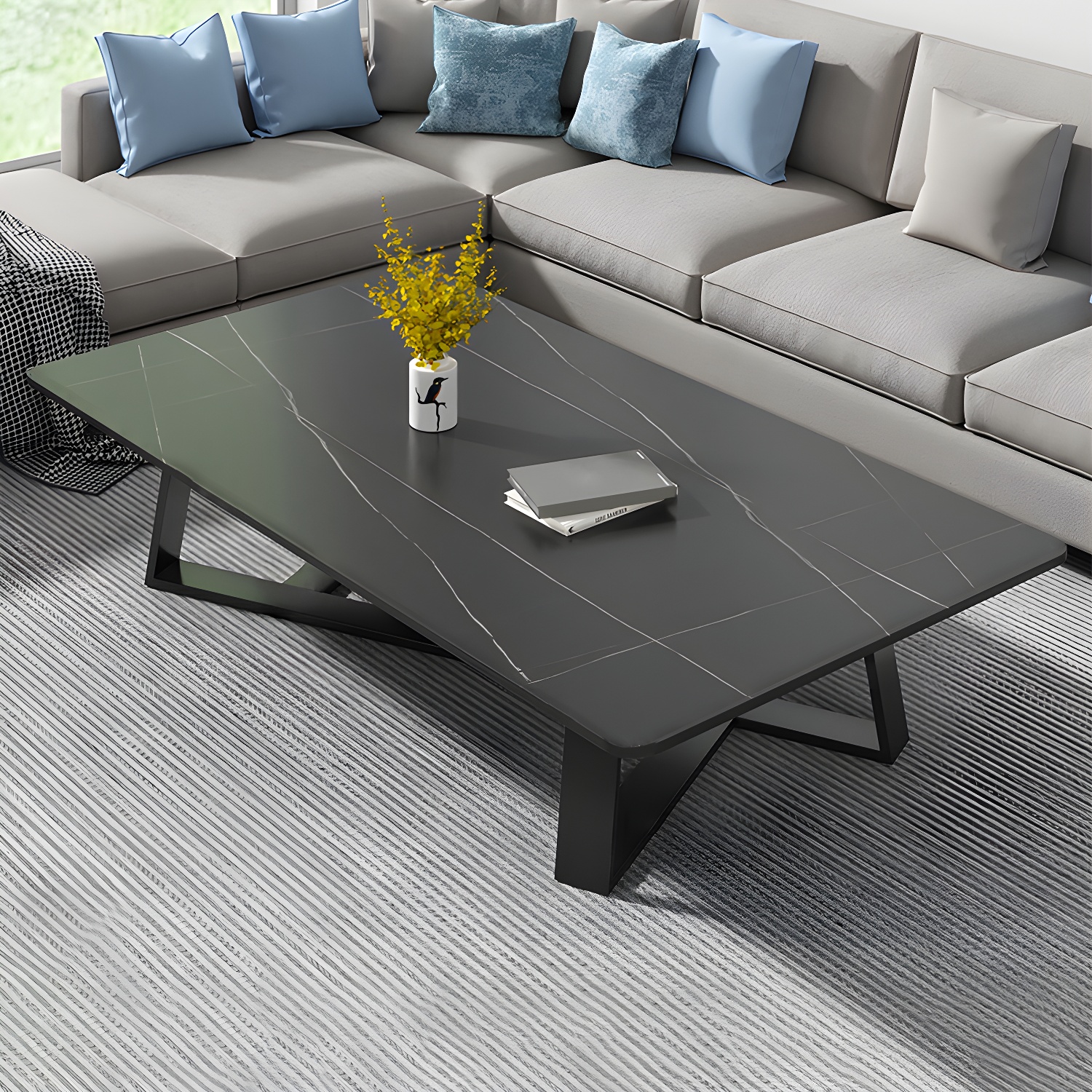 Stone and Metal Coffee Table Contemporary Coffee or End Table with Cross Legs - image 15