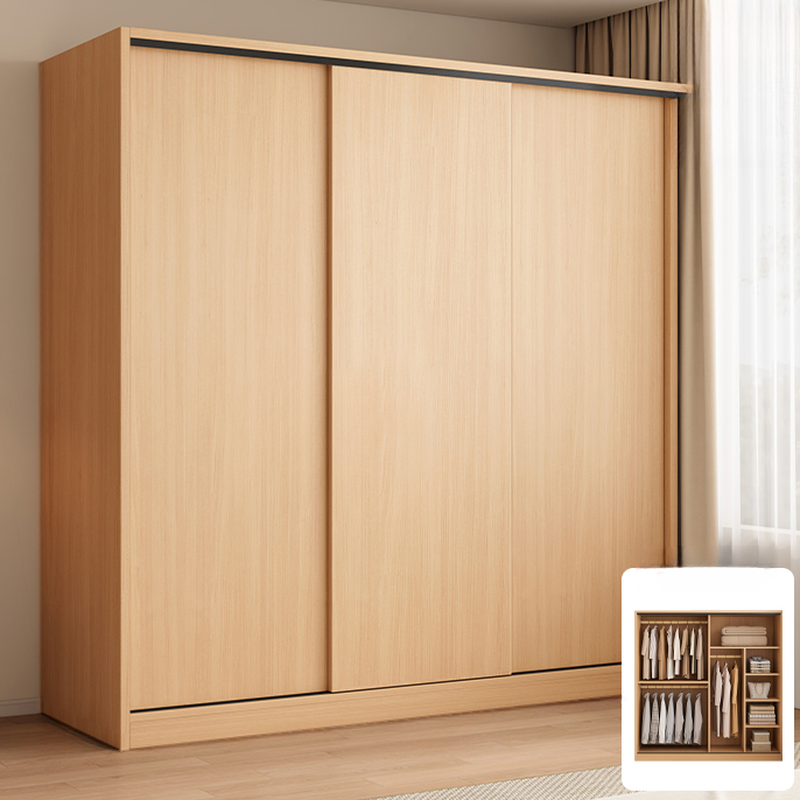 Wood Grain Minimalist Natural Wood Wardrobe Closet with Interior Shelves and Clothing Rod