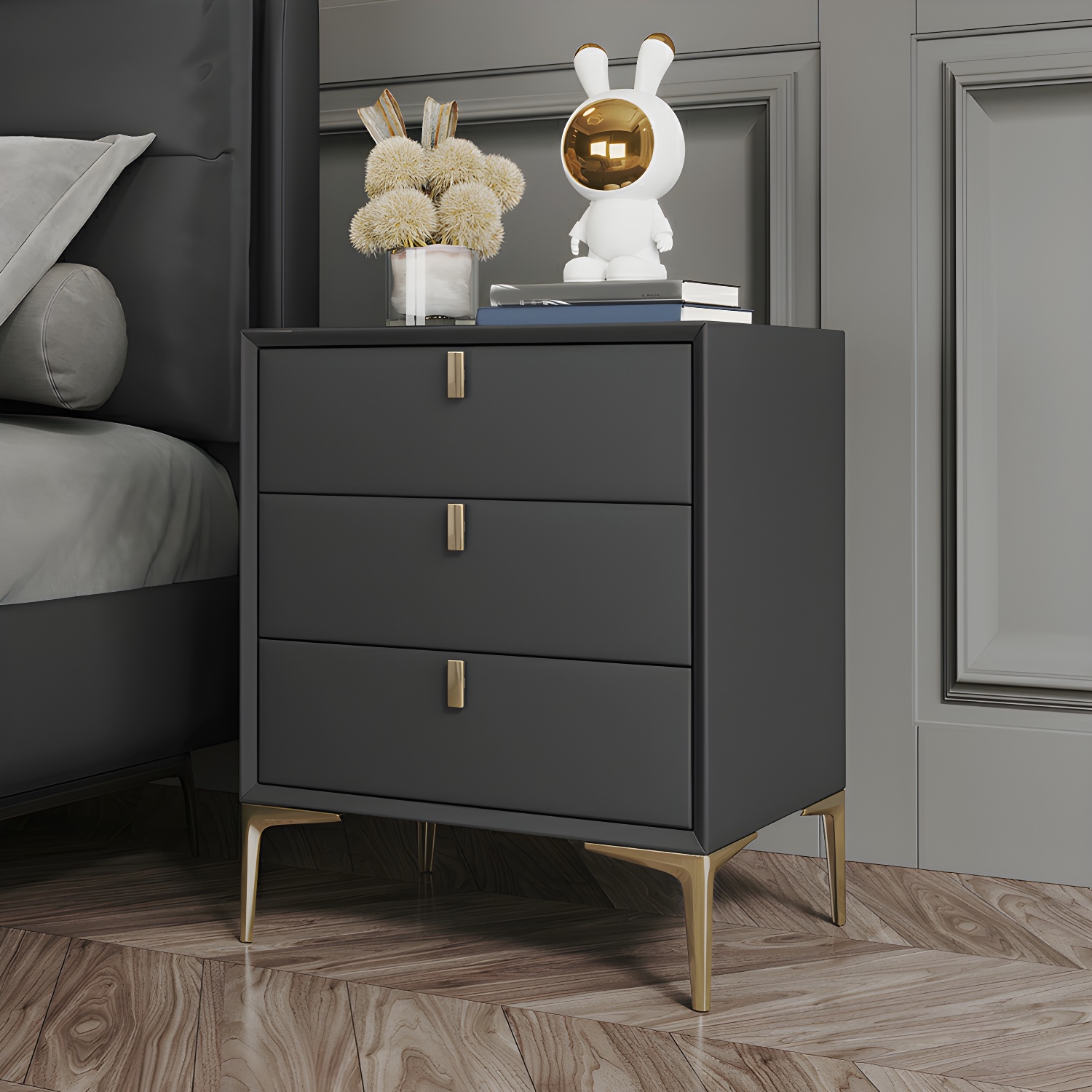 Glam Style Solid Wood 3-Drawer Nightstand with Legs for Bedroom - image 2