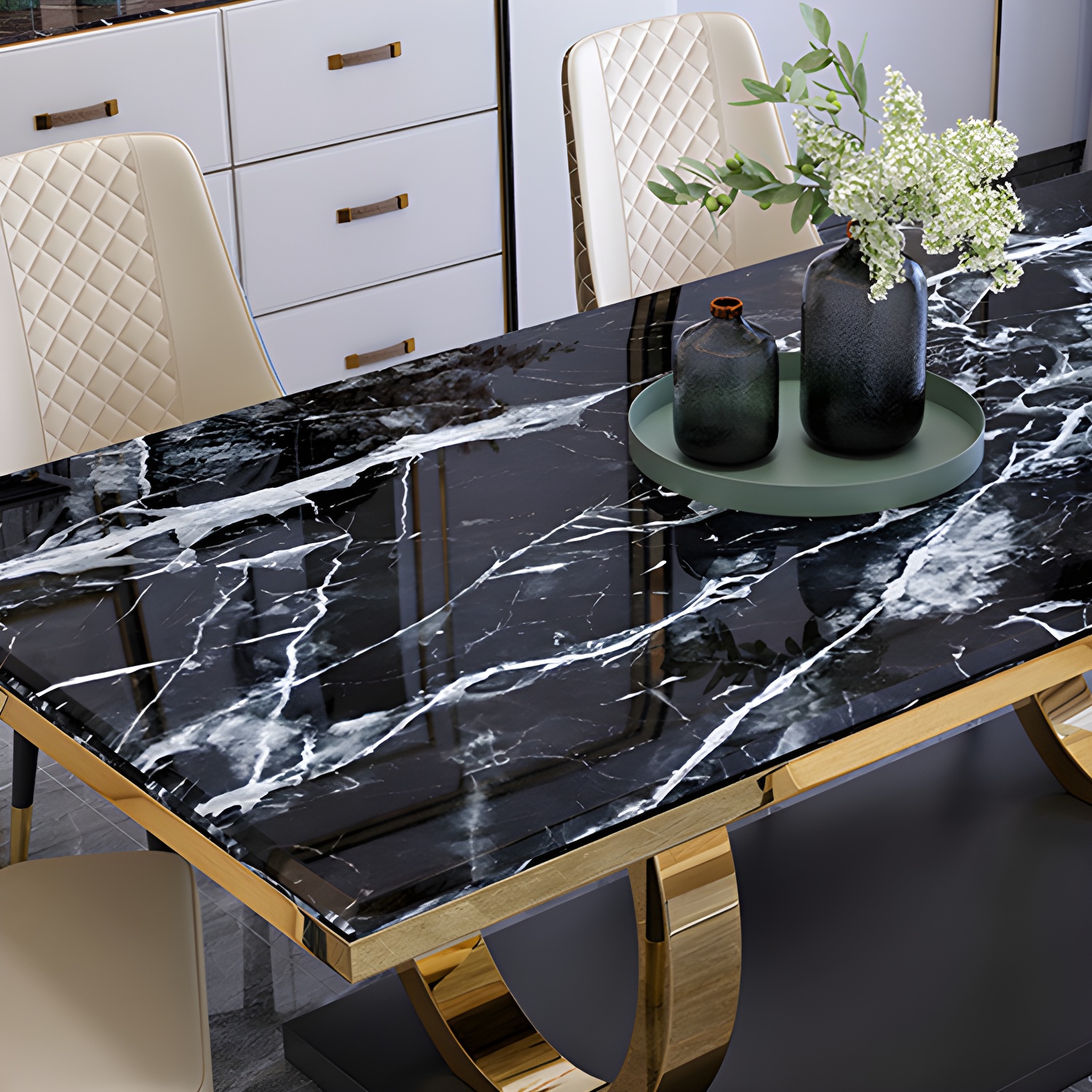 Modern 1/4/5/6/7 Pieces Black Dining Table Set with Marble Top Rectangle Dinette Set - image 6