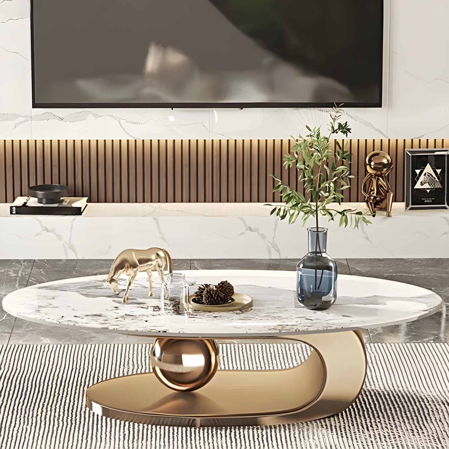 Glam Stone Coffee Table - Beige Oval Shape with Abstract Stainless Steel Base and Scratch Resistant - image 7