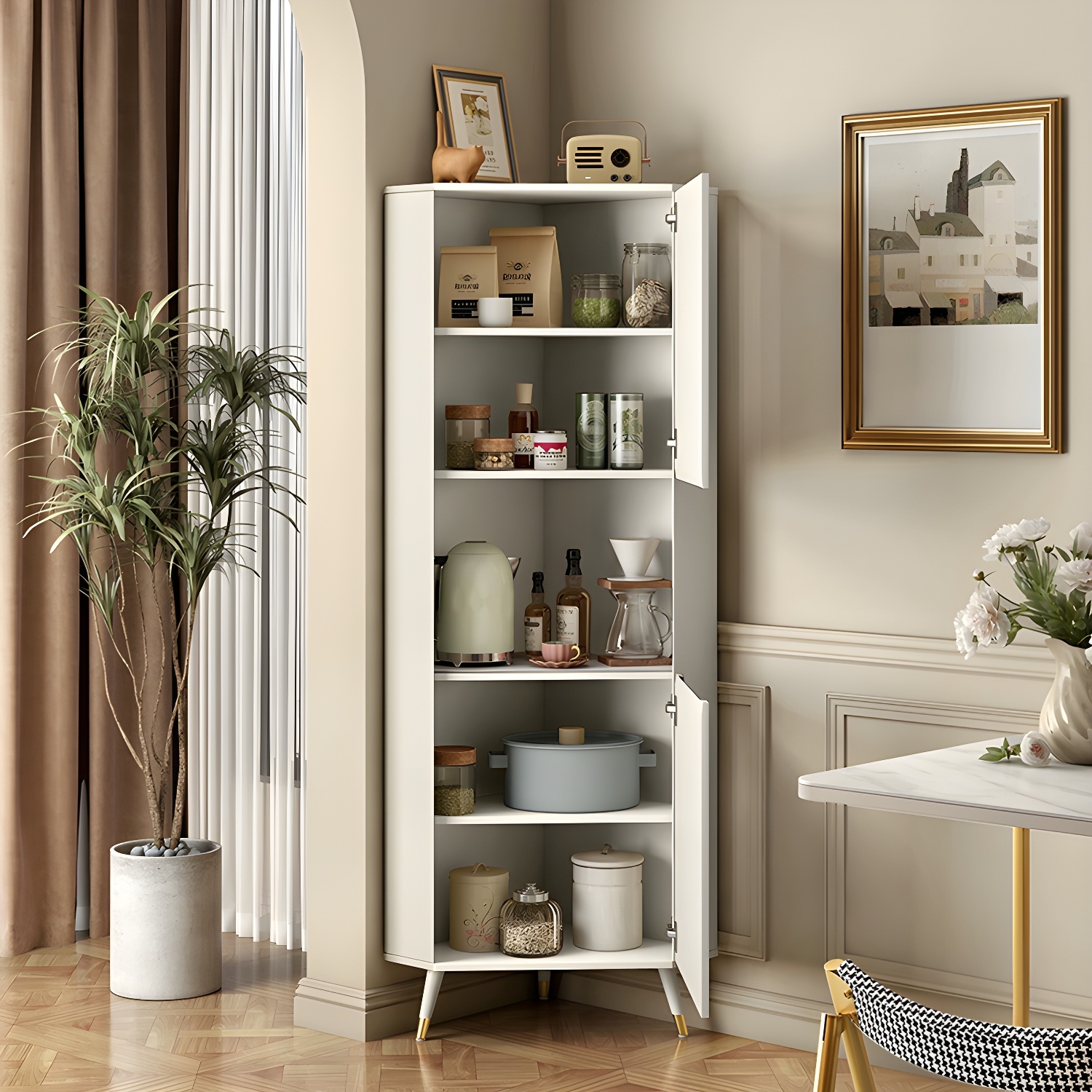 Modern White Corner Accent Cabinet with Stone Counter Top, 2 Cabinets, and 6 Shelves - image 2