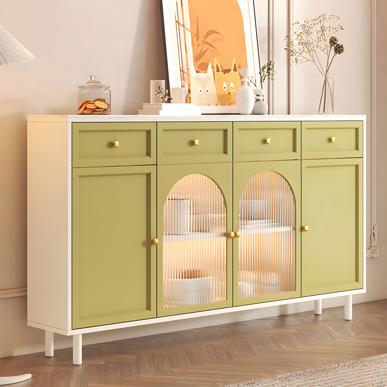 Wooden Buffet Server with Stone Countertop, Glass Doors, and Drawers - image 5