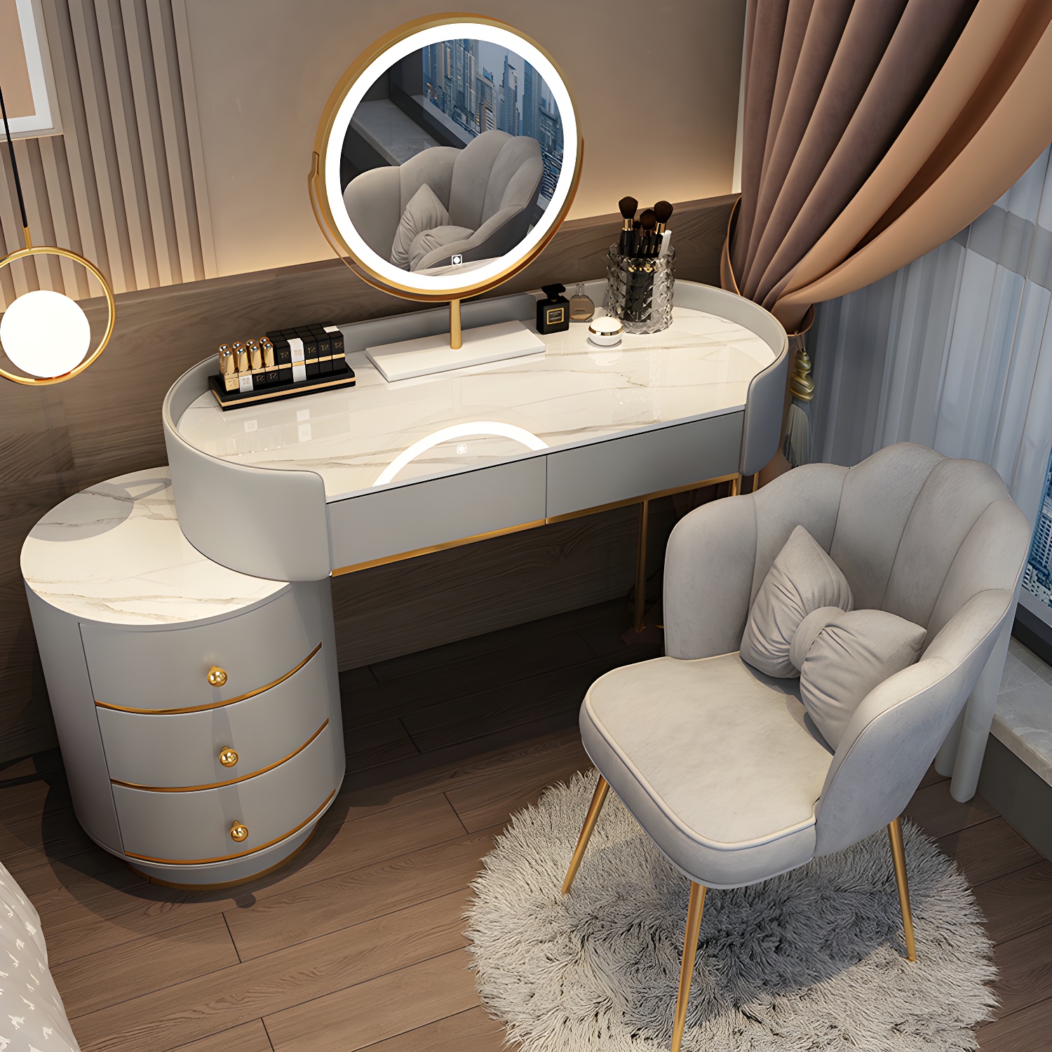 Wooden Makeup Vanity Desk Lighted Mirror Vanity Dressing Table Set with Drawer - image 7