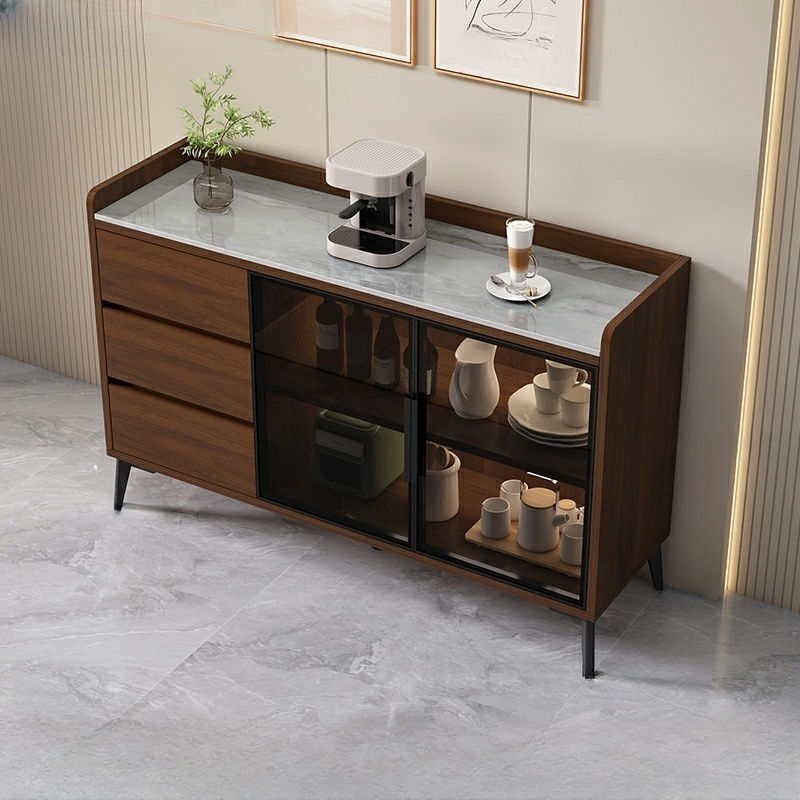 Stone Top Modern Wood Sideboard Credenza with 3 Drawers and Glass Doors - image 5