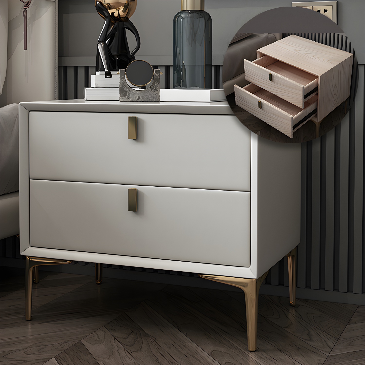 2 Drawer Solid Wood Modern Night Table Drawer Storage Bed Nightstand - image 11