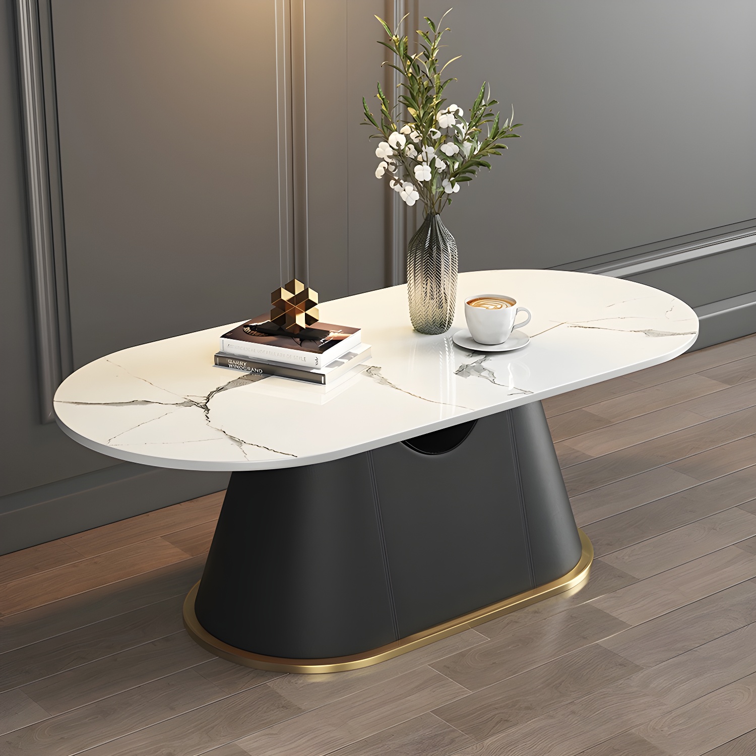 Glam Oval Stone Coffee Table with Pedestal Chrome Base - Scratch Resistant