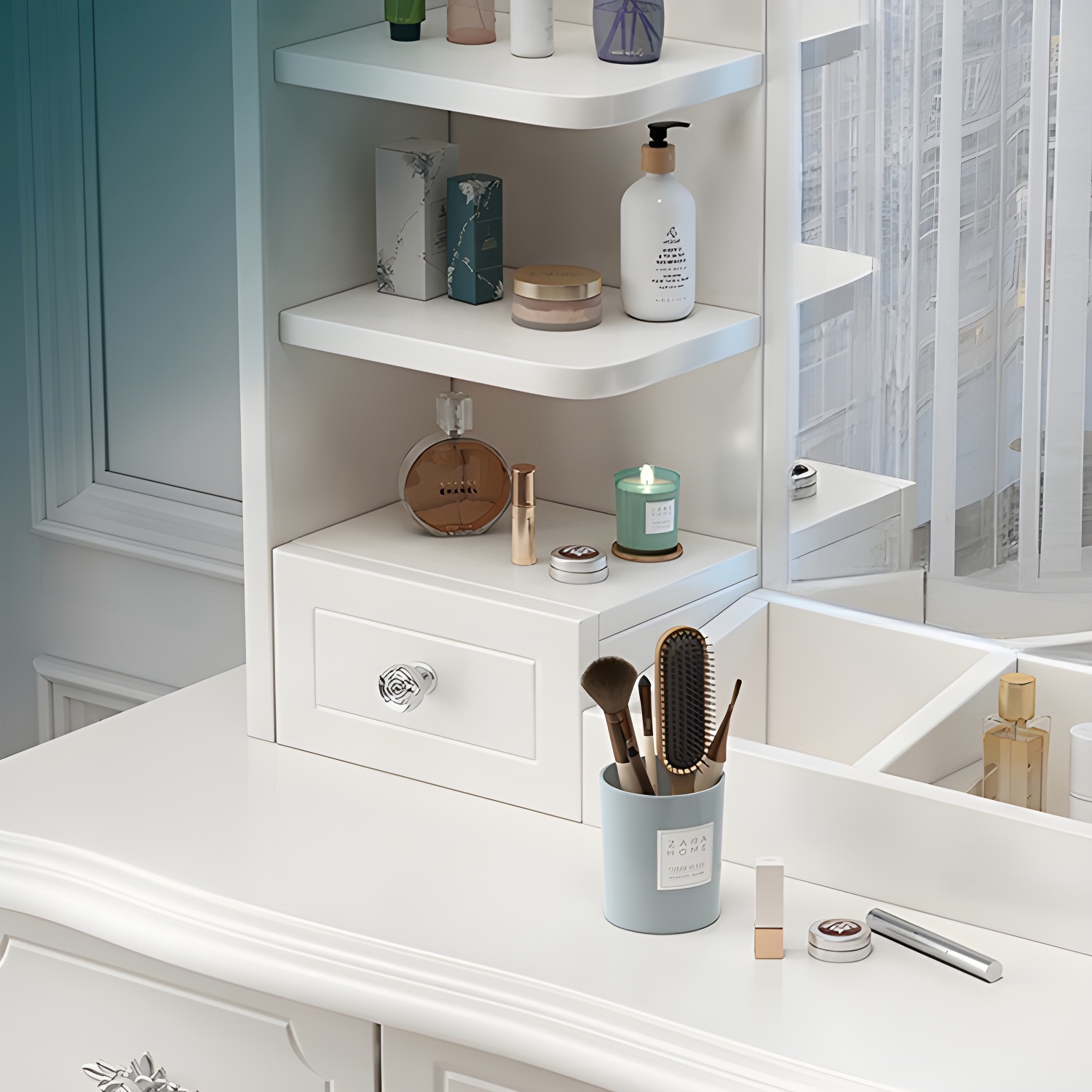 Modern White Wood Makeup Vanity with Seating & Standing Mirror - image 7