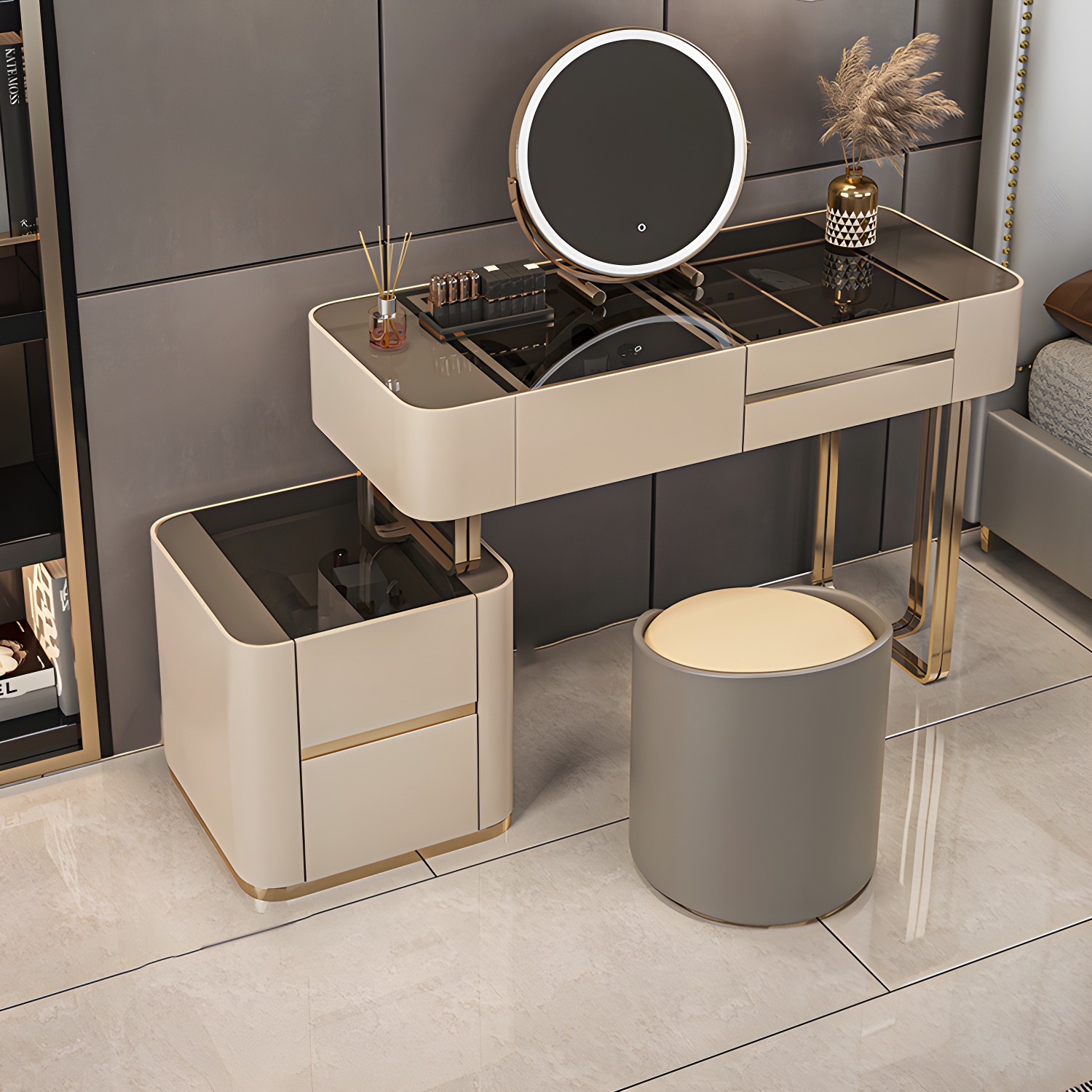 Luxurious Wood and Metal Make-up Vanity 5 Drawers & Lighted Mirror Dressing Table - image 3