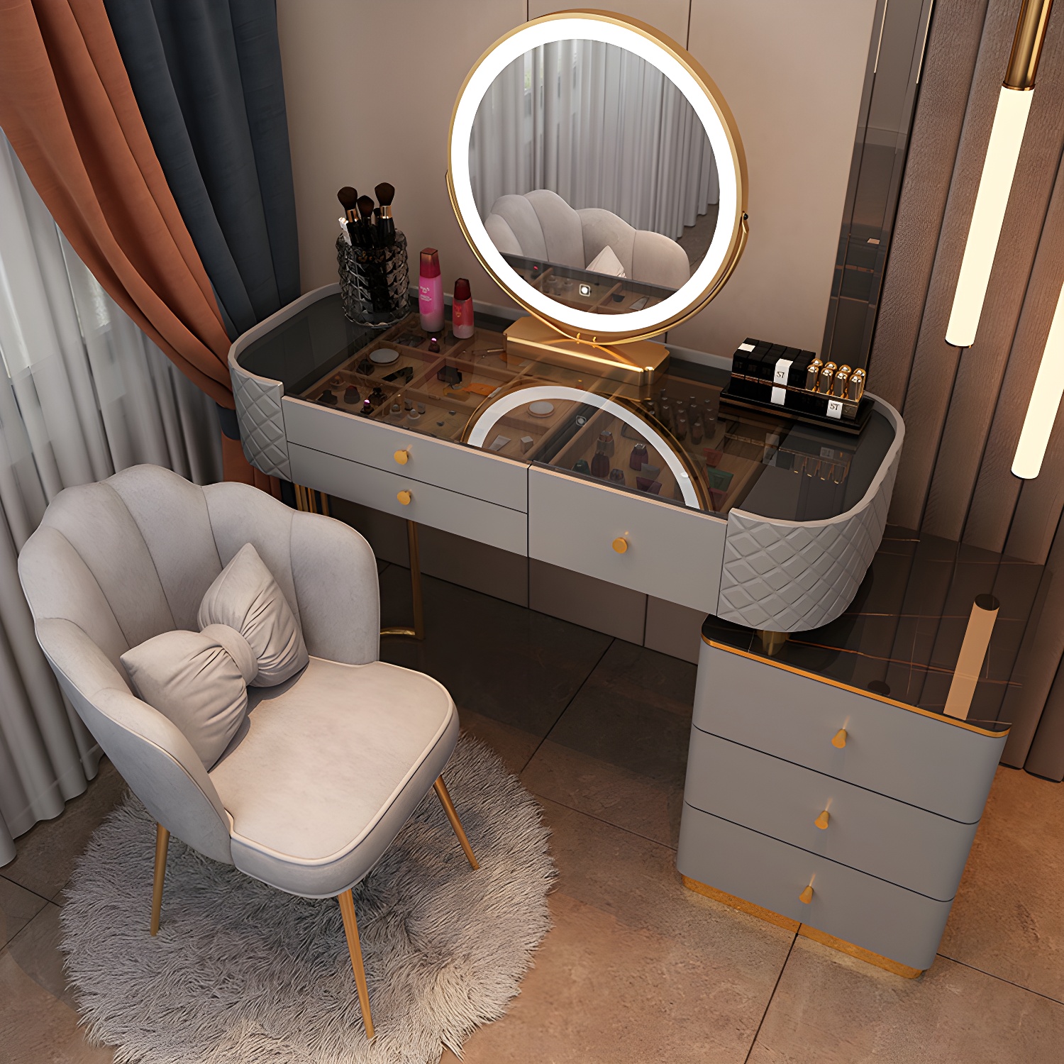 Lighted Mirror & Jewelry Makeup Vanity Metal Dressing Table Stool Set - image 8